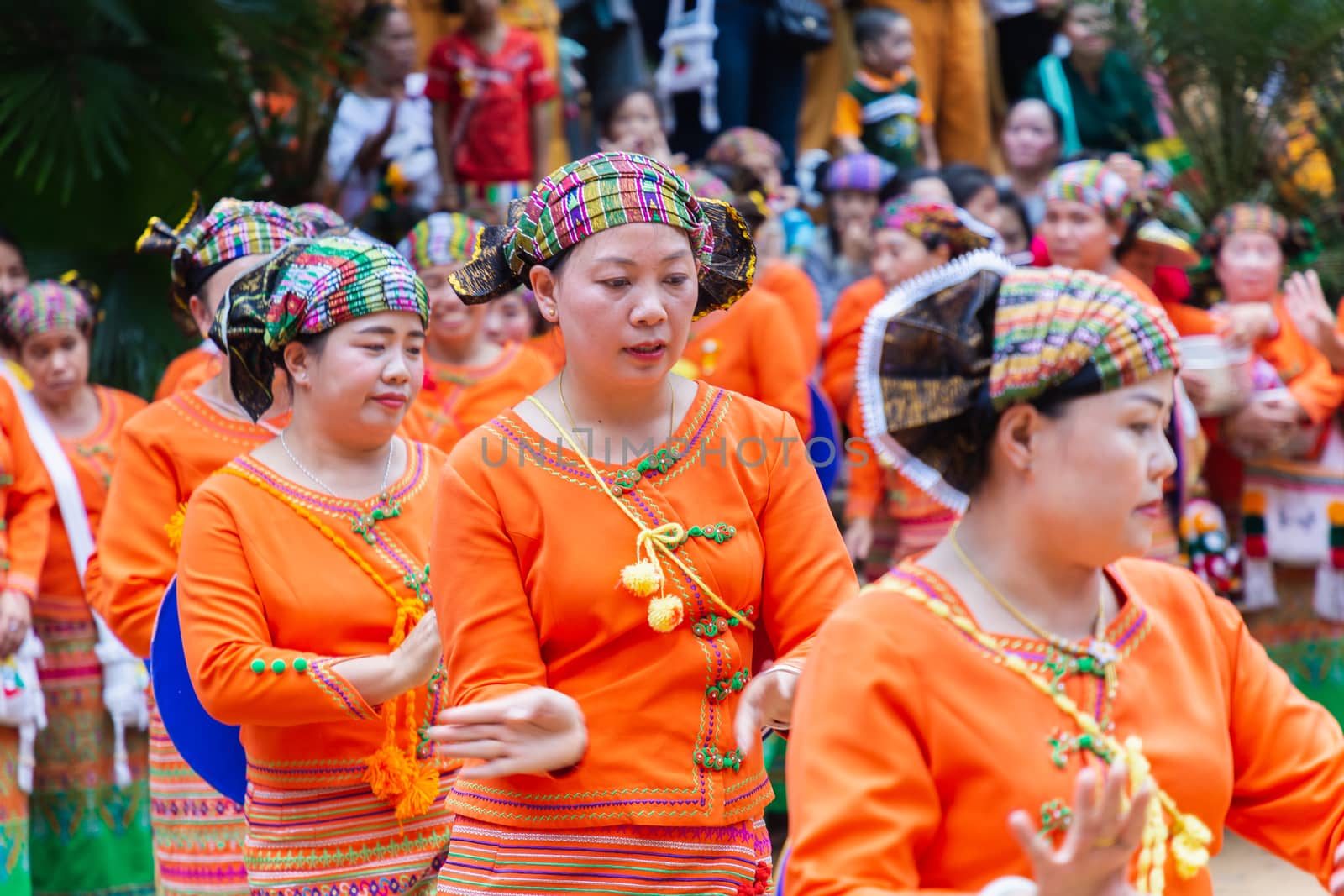 Thoet Thai, Chiang Rai - THAILAND, December 12, 2018 : Group of Shan or Tai Yai (ethnic group living in parts of Myanmar and Thailand) in tribal dress do native dancing in Shan New Year celebrations.