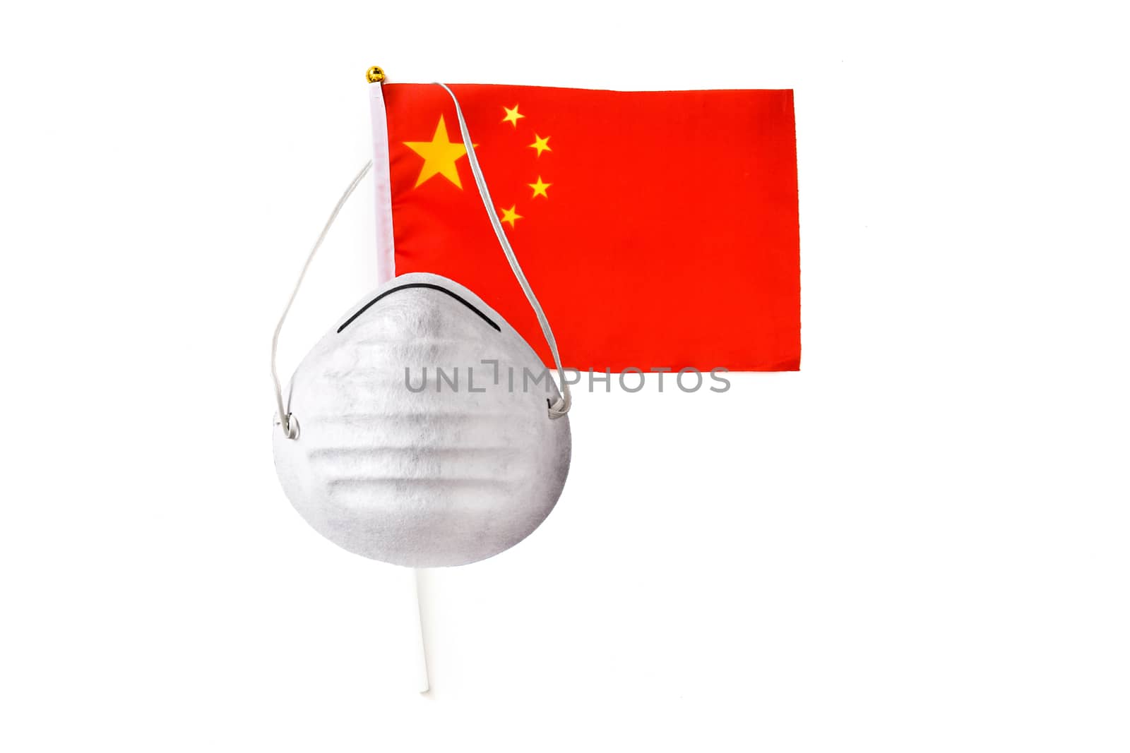 Chinese flag and protective face mask isolated on white background
