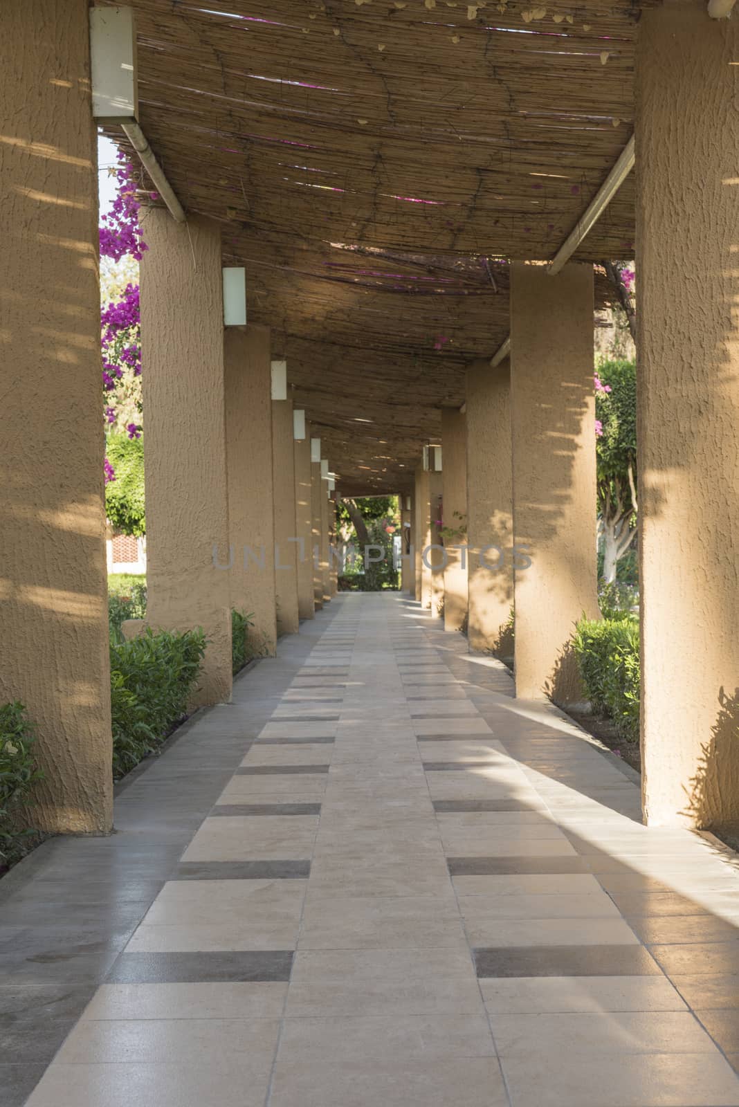 Covered tiled paved footpath pathway with stone columns in rural formal ornamental garden grounds