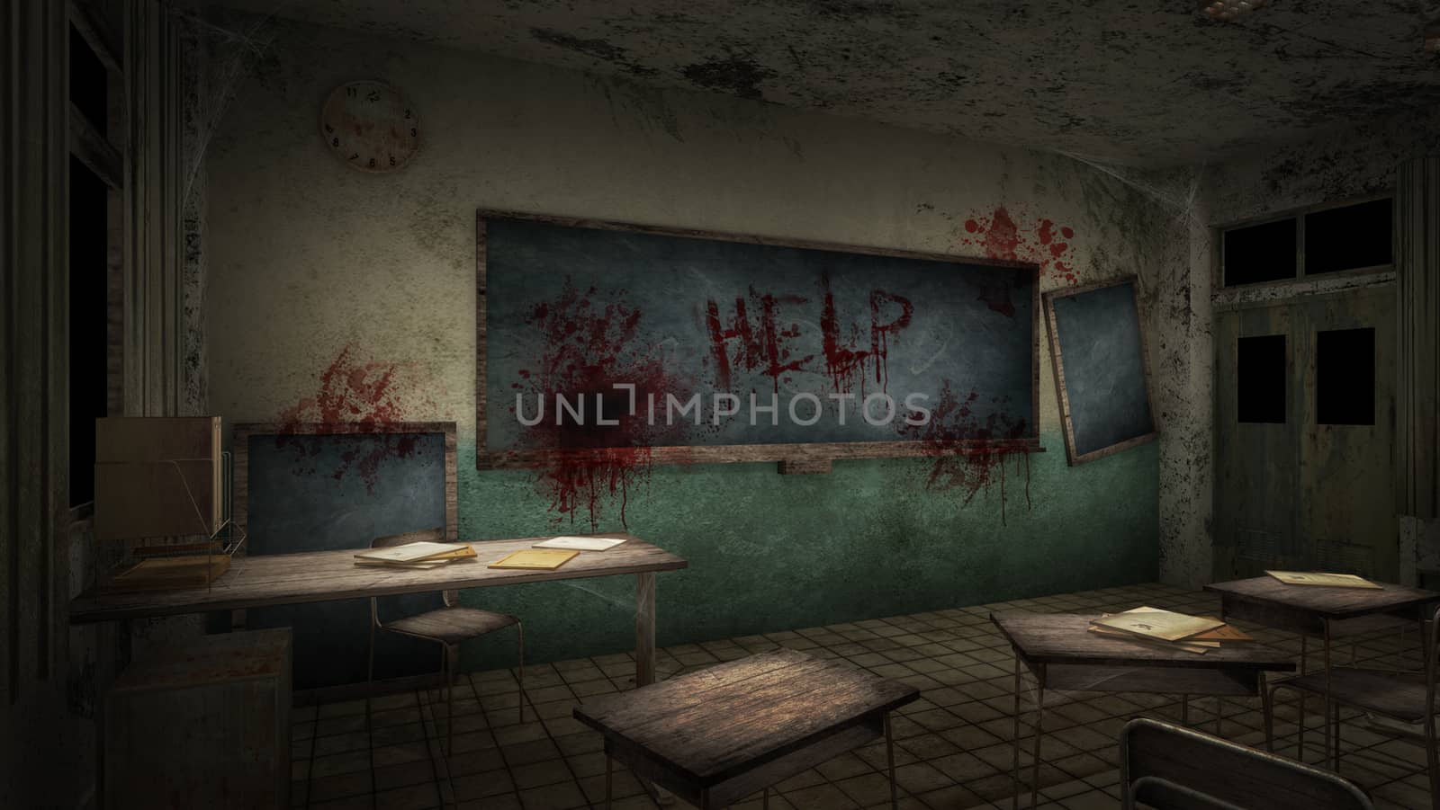 horror and creepy classroom in the school with blood. 3D rendering by anotestocker