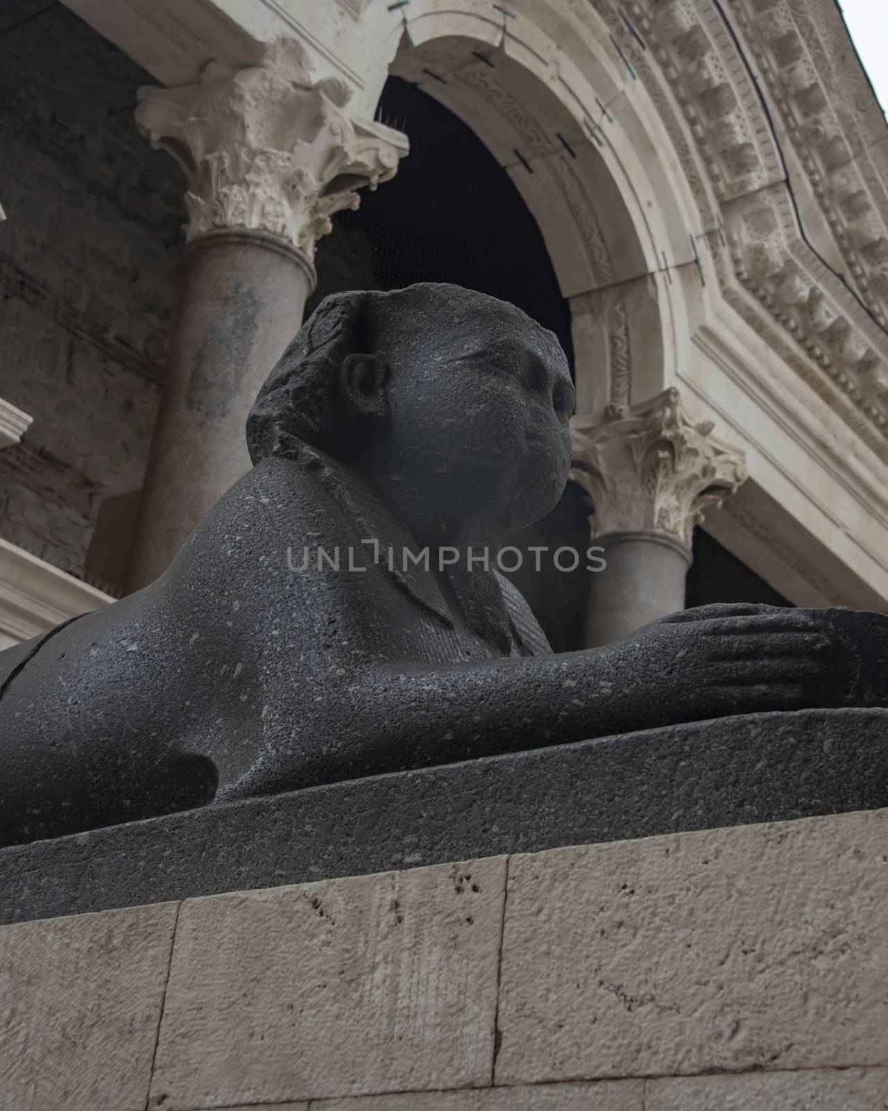 Croatia, Split - June 2018: Ancient Egyptian sphinx in the square of the Diocletian Palace in Split. The Sphinx was damaged during renovation works.