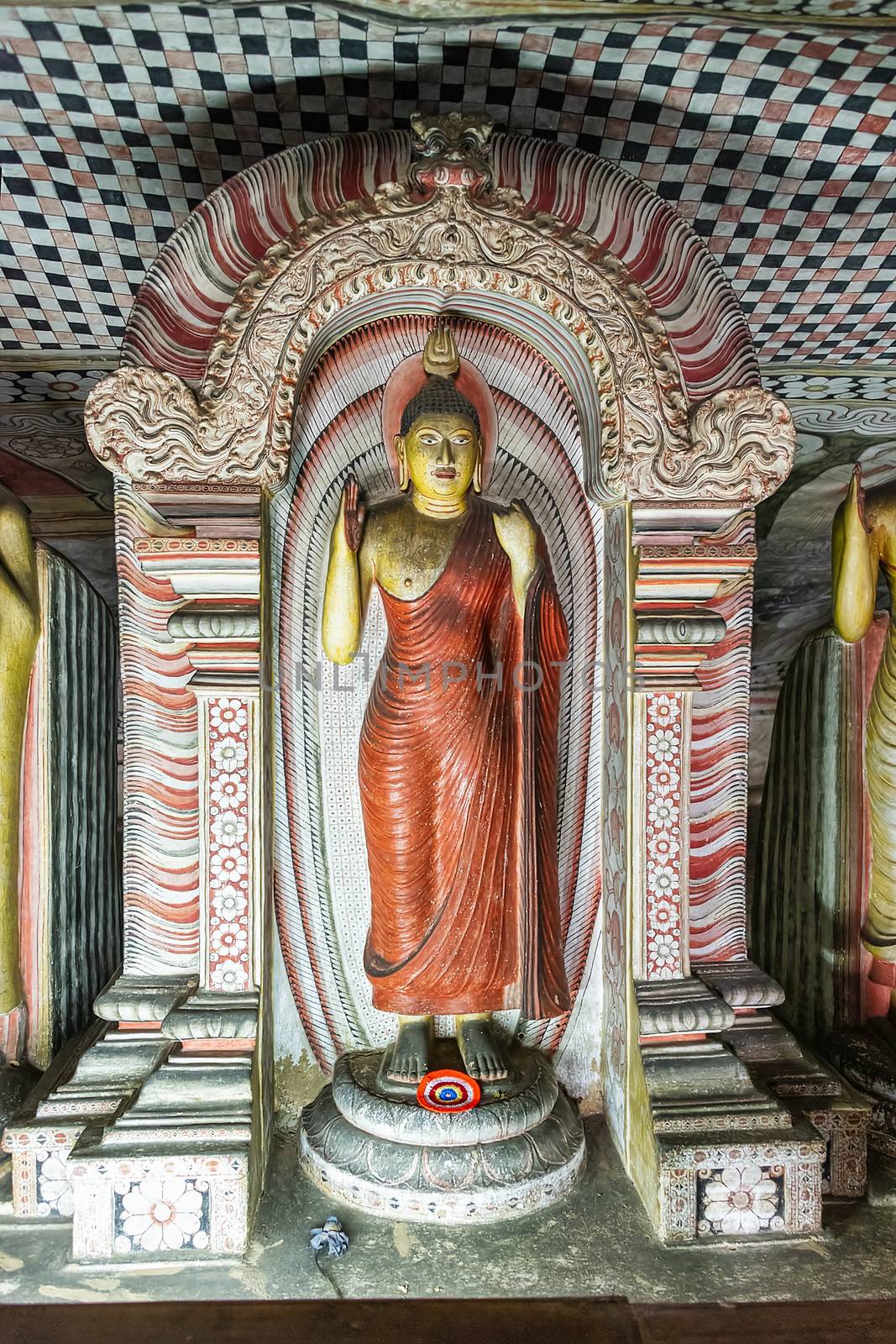 Dambulla, Sri Lanka, Aug 2015: Buddha statue standing in the cave temples at Dambulla 