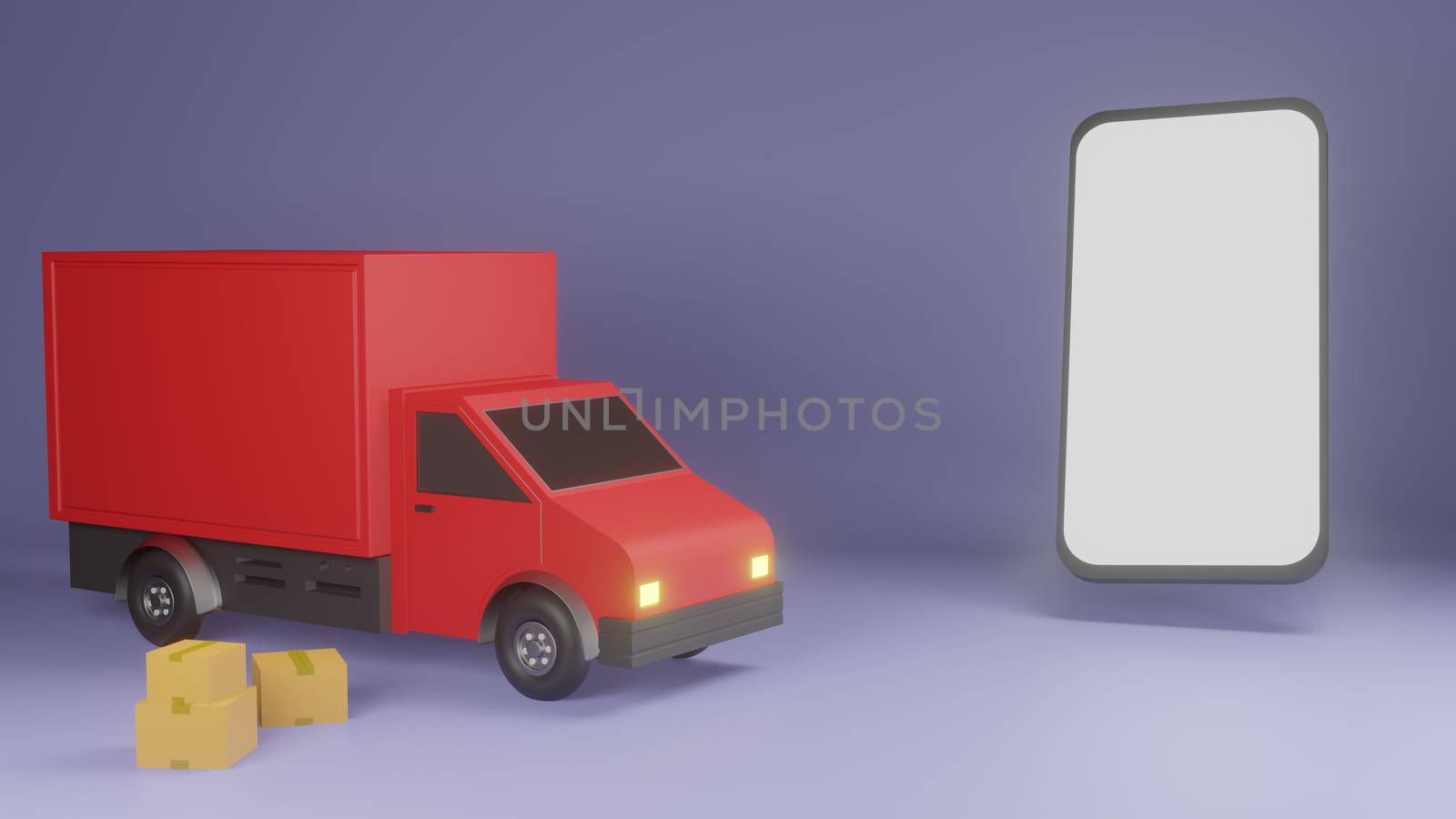 Package online shopping and delivery. Heap of boxes and red pickup truck on purple background. 3d render
