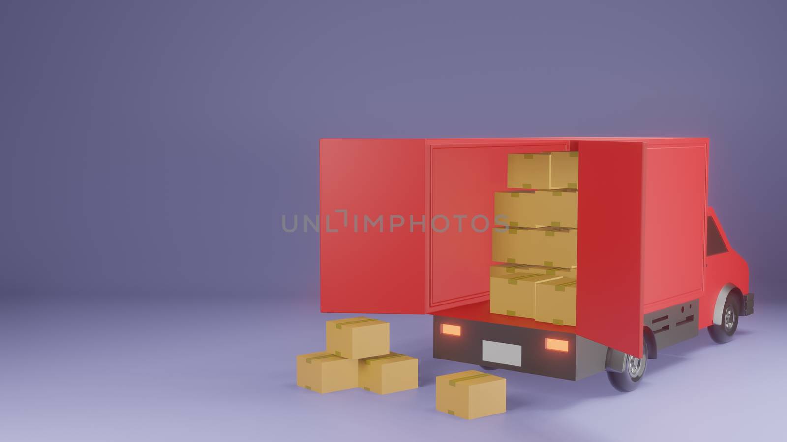 Package and delivery. Heap of boxes and red pickup truck on purple background. 3d