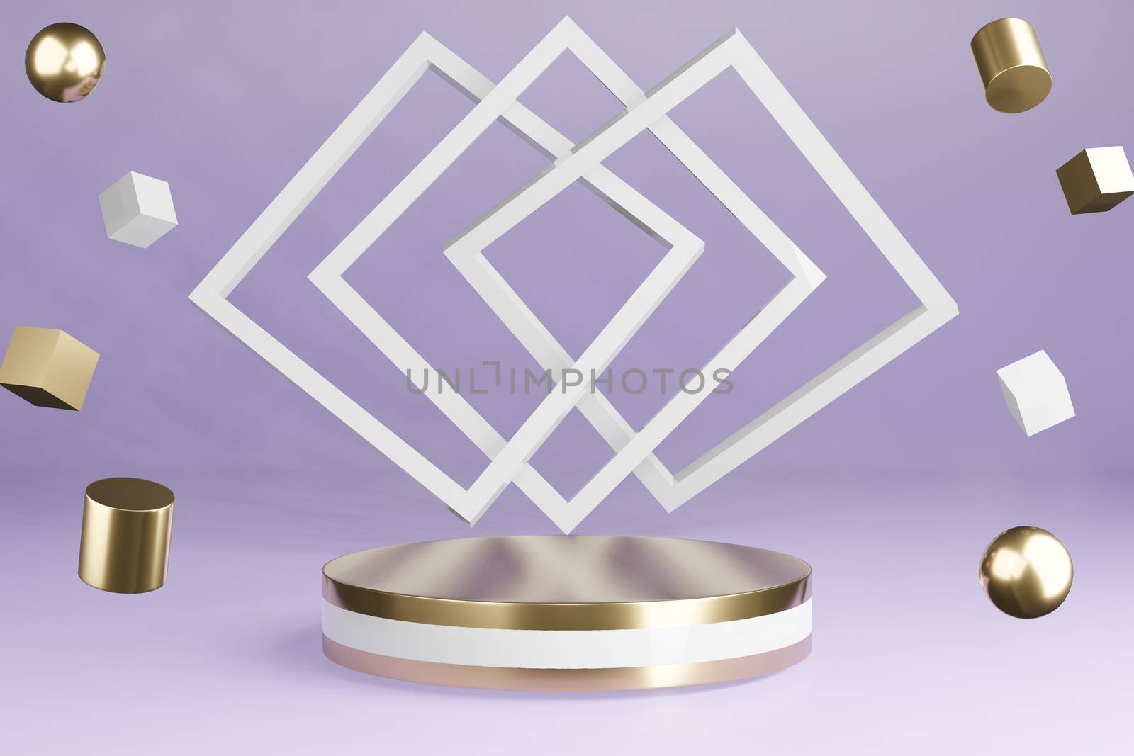 White and golden product stand on purple background with decoration, pedestal podium, 3D Rendering.