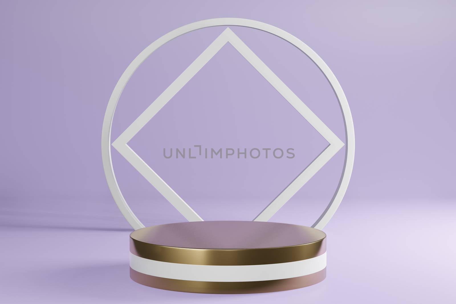 White and golden cylinder product stand
on purple background, pedestal podium display, 3D Rendering.