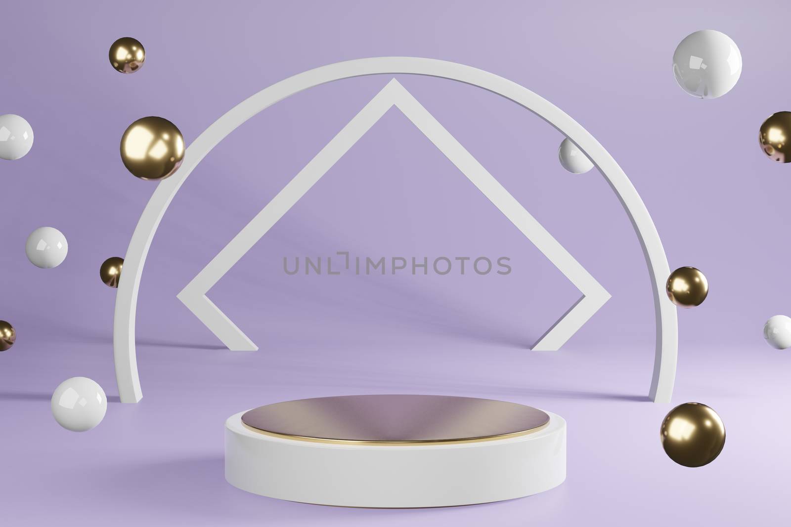 White and golden cylinder product stand with decoration on purple background, pedestal podium display, 3D Rendering.