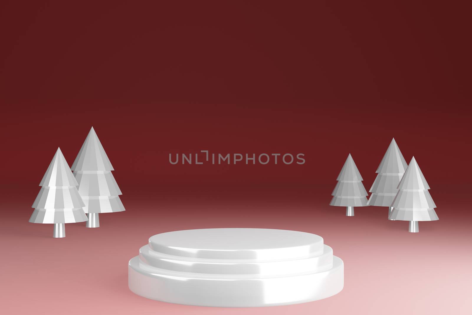 Glass texture blank pedestal product stand with white christmas tree on red background, showcase, 3d render.