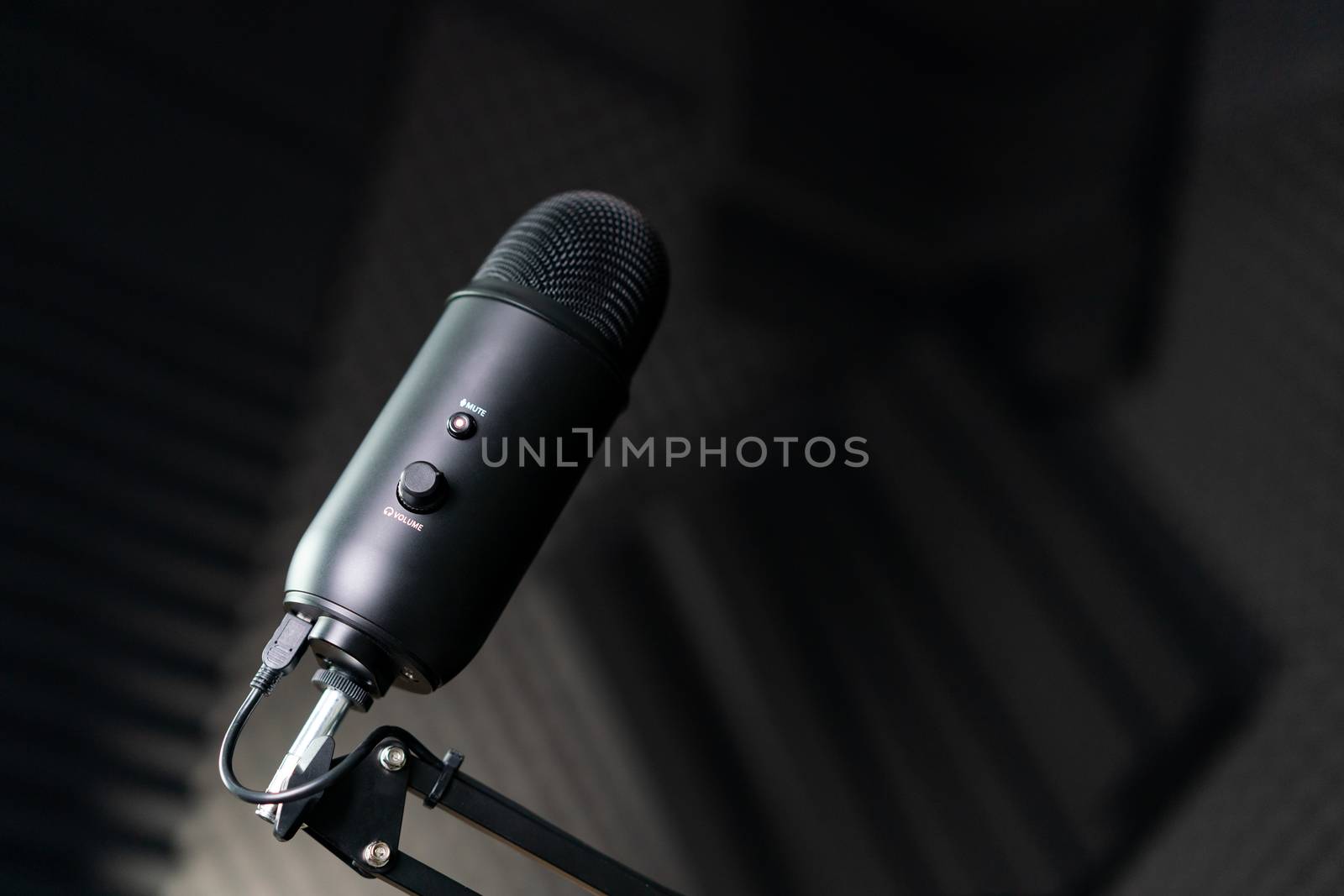 Studio condenser microphone in a recording studio.