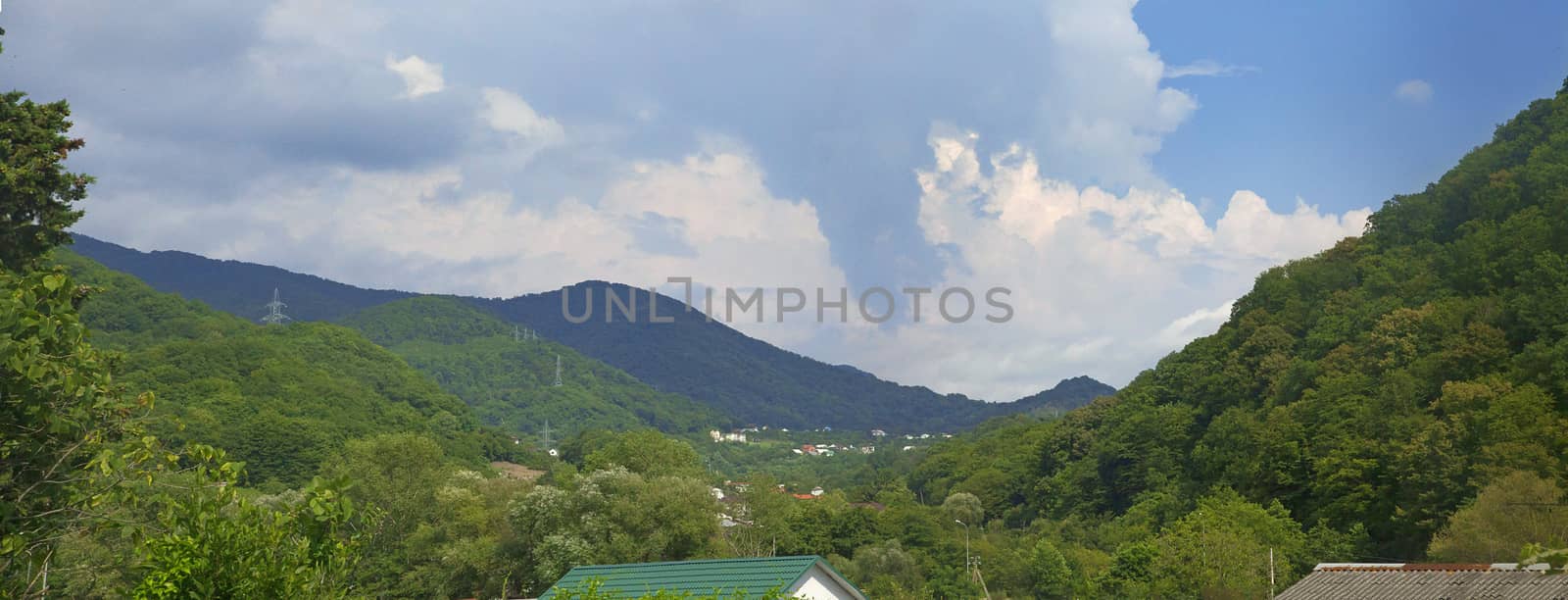 Village in the forested mountains in the summer