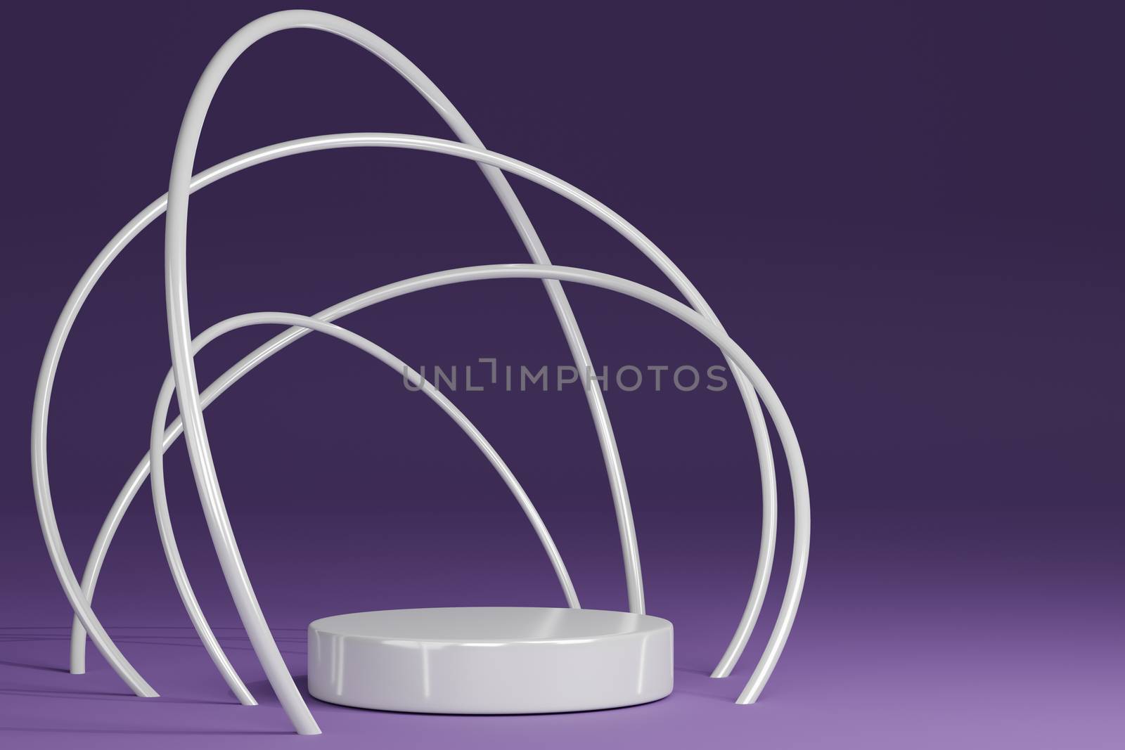 Product Stand, Pedestal, Cylinder Shape, Circle Frame, Purple background and White ring, 3D Rendering.