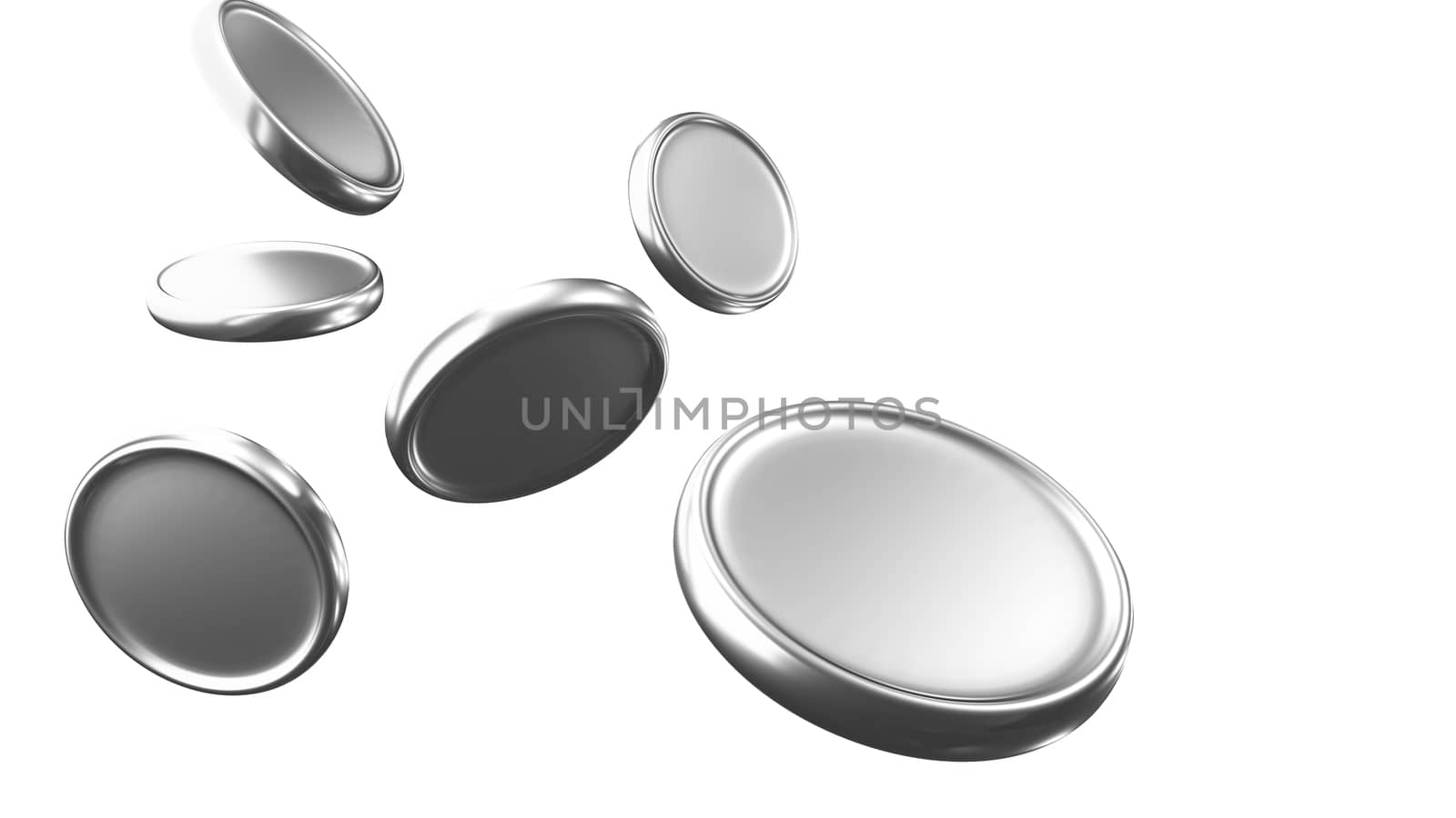Falling money, falling coins, flying silver coins, 3d render