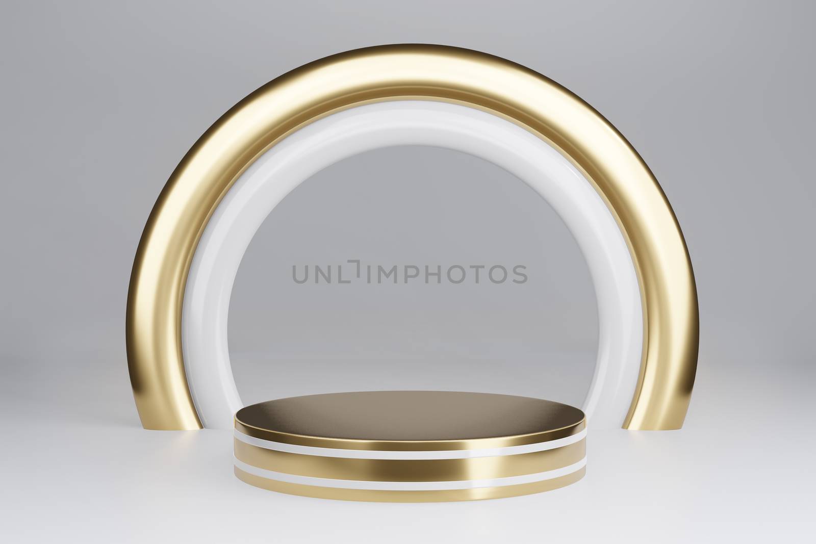 Blank pedestal with round gold frame on gray background, 3d rendering mockup
