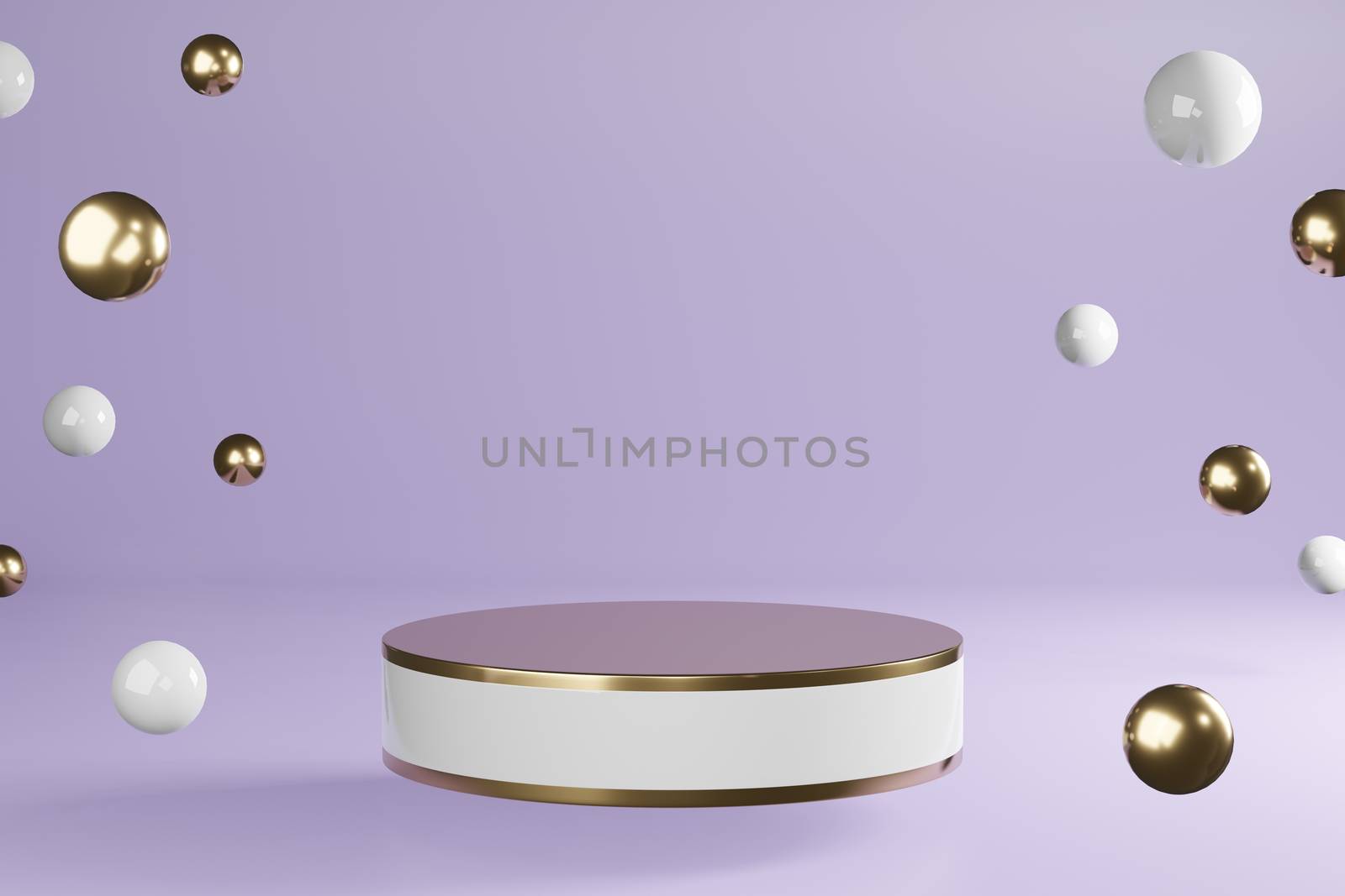 White and golden cylinder product stand with decoration on purple background, pedestal podium display, 3D Rendering.