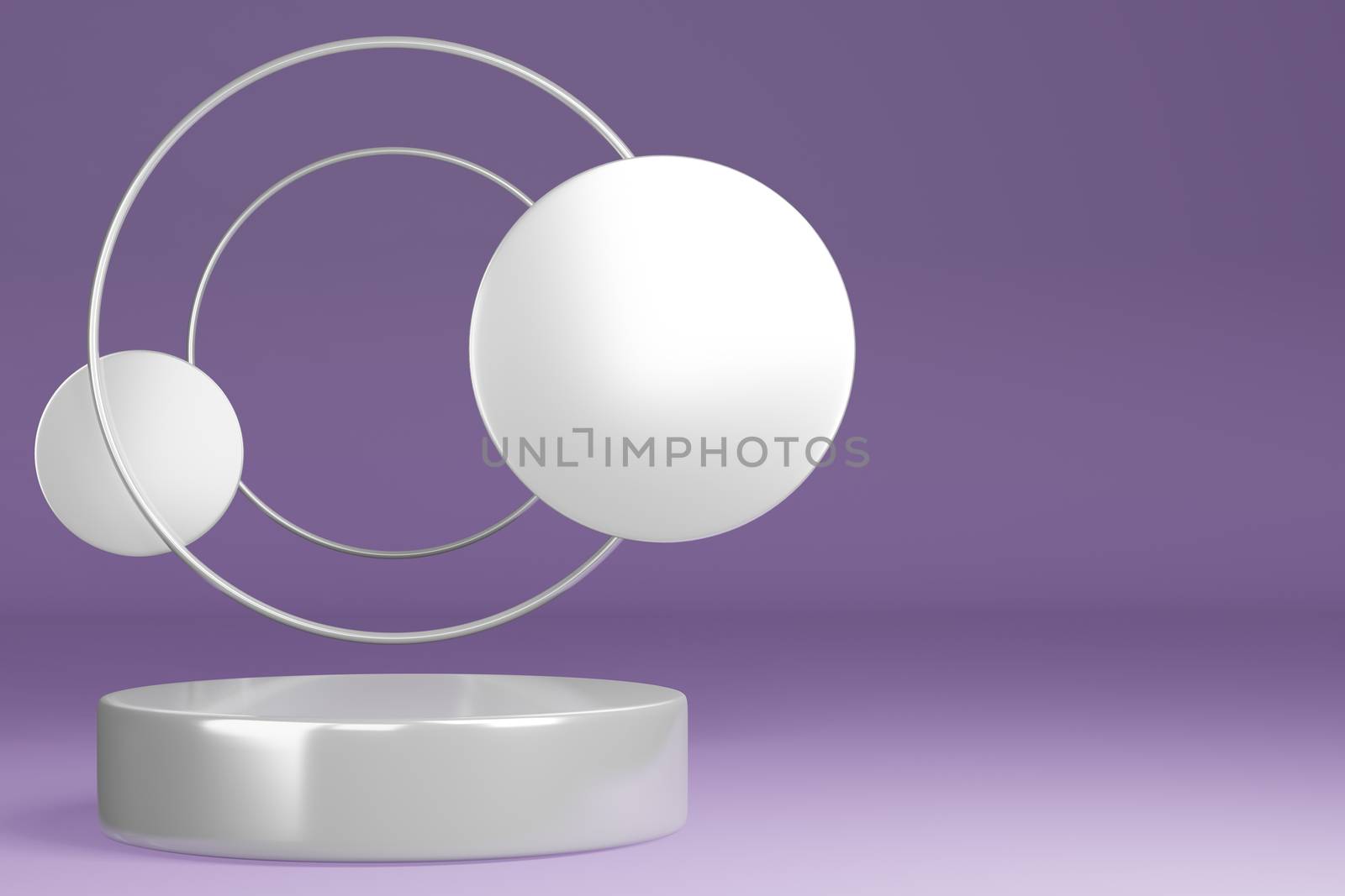 Product Stand, Pedestal, Cylinder Shape, Circle Frame, Purple background and White ring, 3D Rendering.