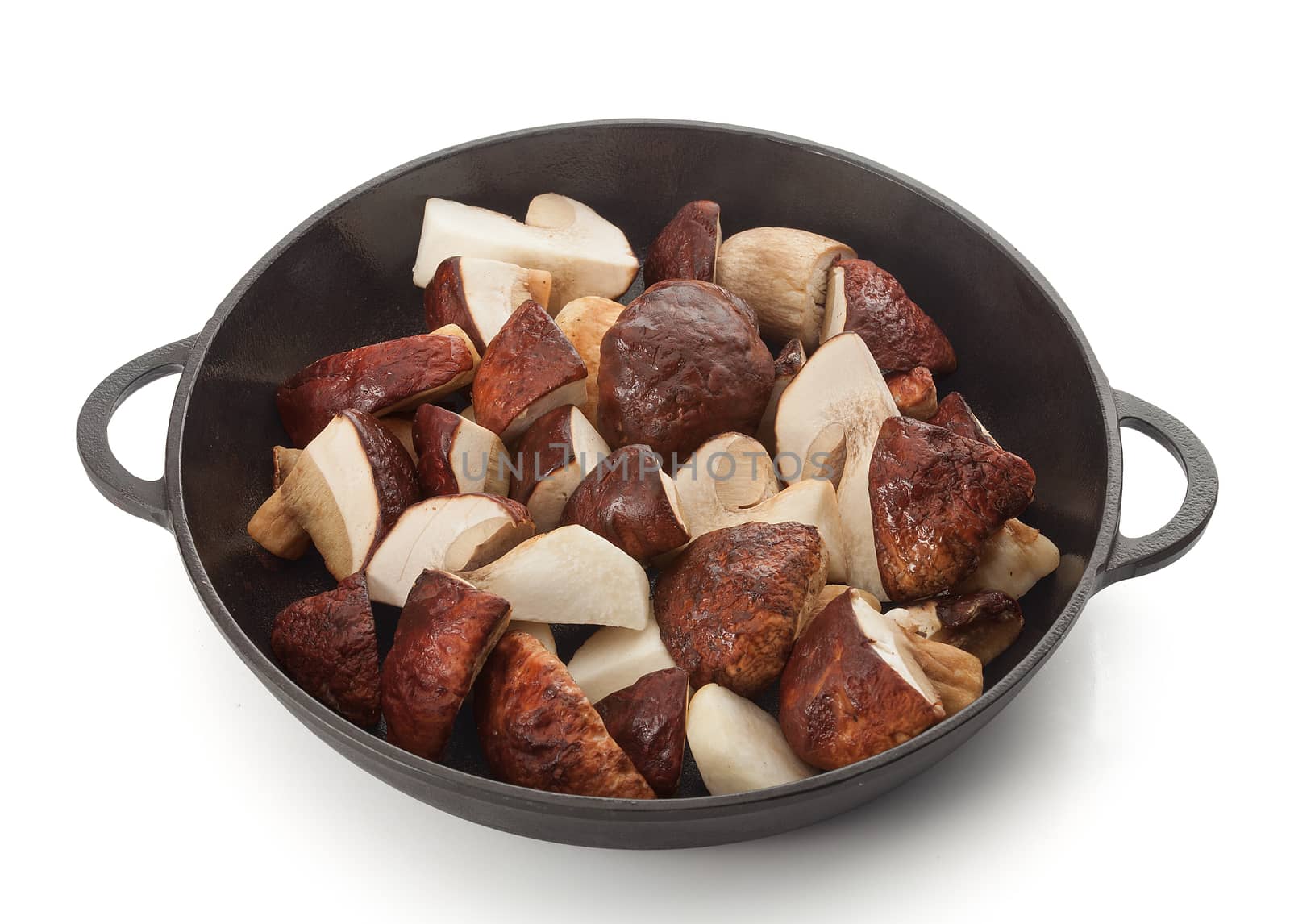 Sliced white mushrooms in the black iron pan