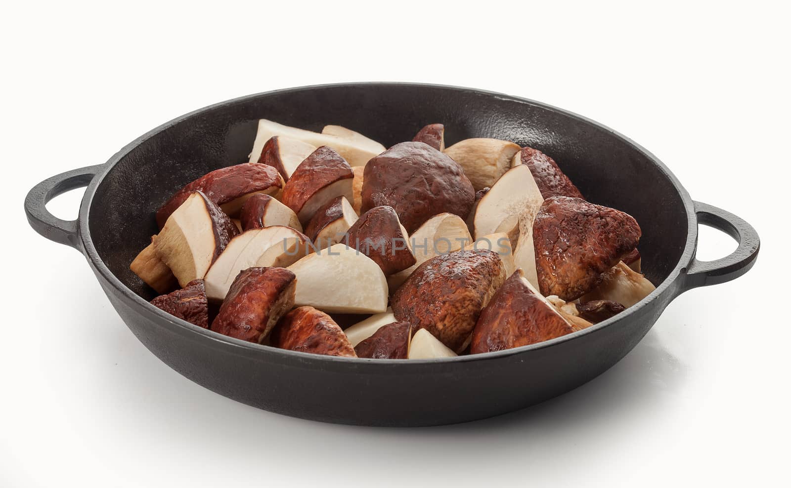 Sliced white mushrooms in the black iron pan