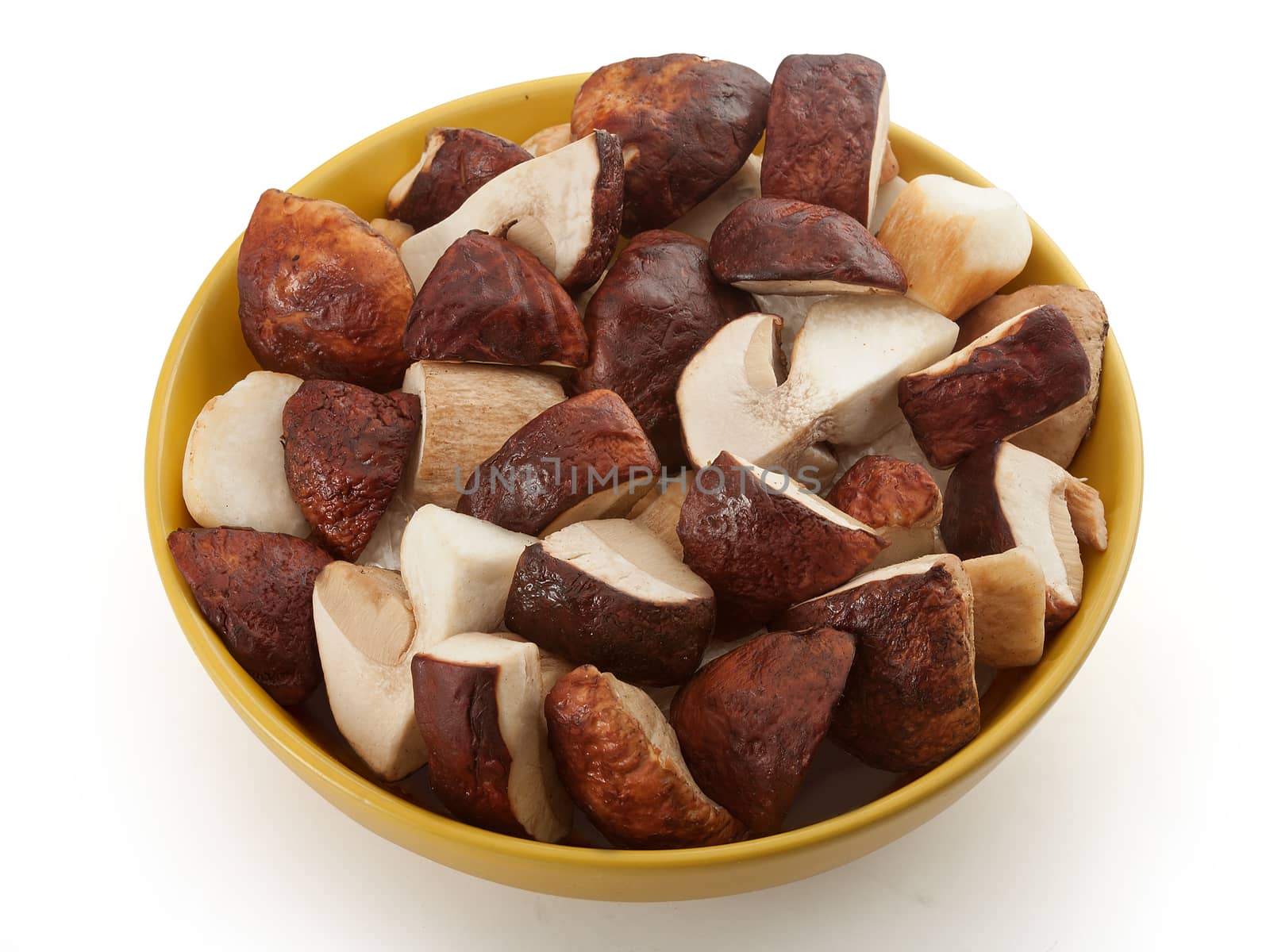 Pieces of white mushrooms in the yellow bowl