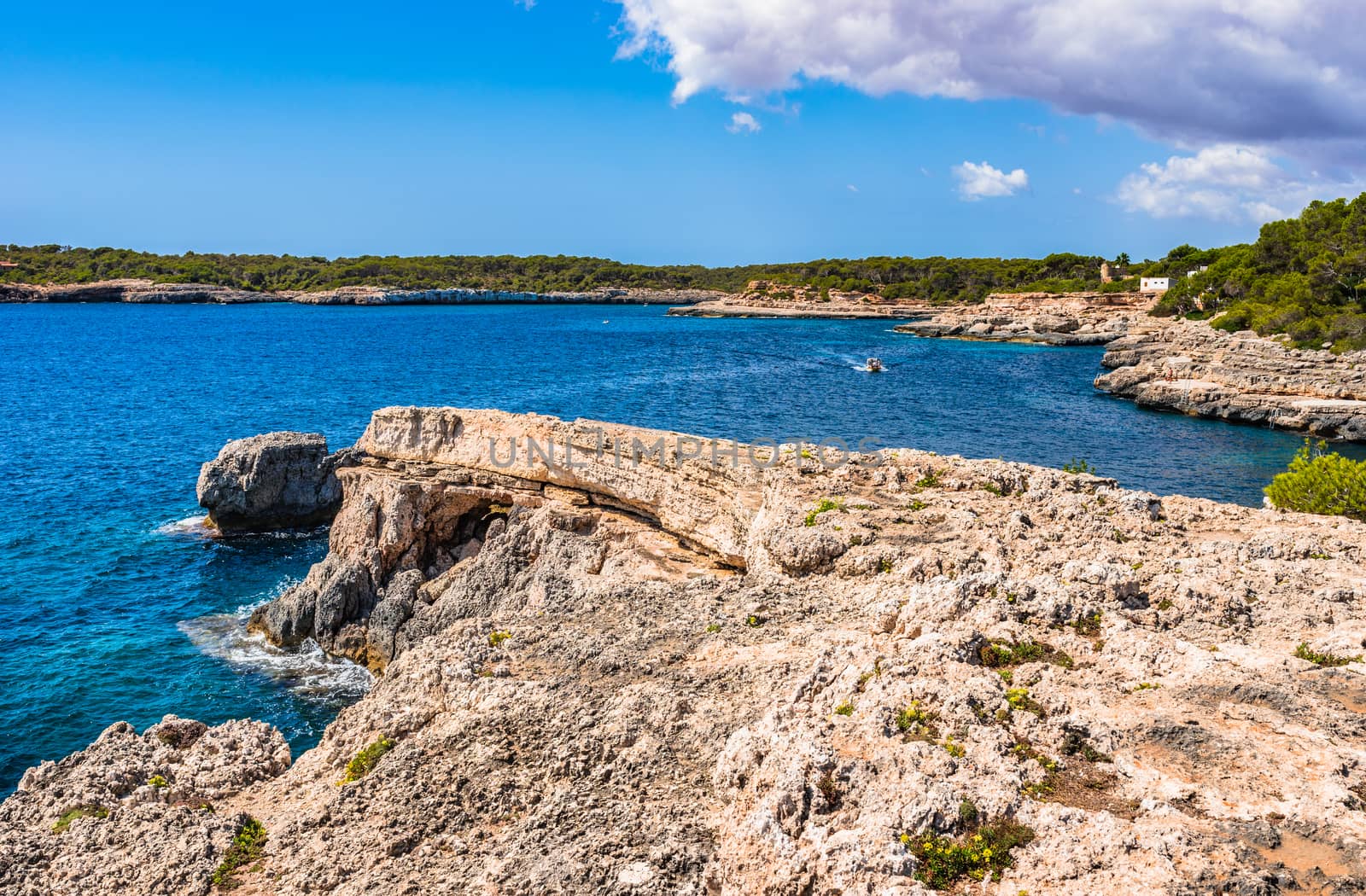 Mediterranean sea, rocky coastline on Majorca island, Spain by Vulcano