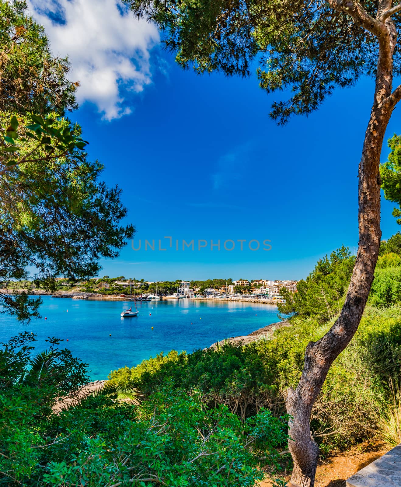Idyllic view of Porto Petro harbor, beautiful seaside on Mallorca island, Spain Mediterranean Sea