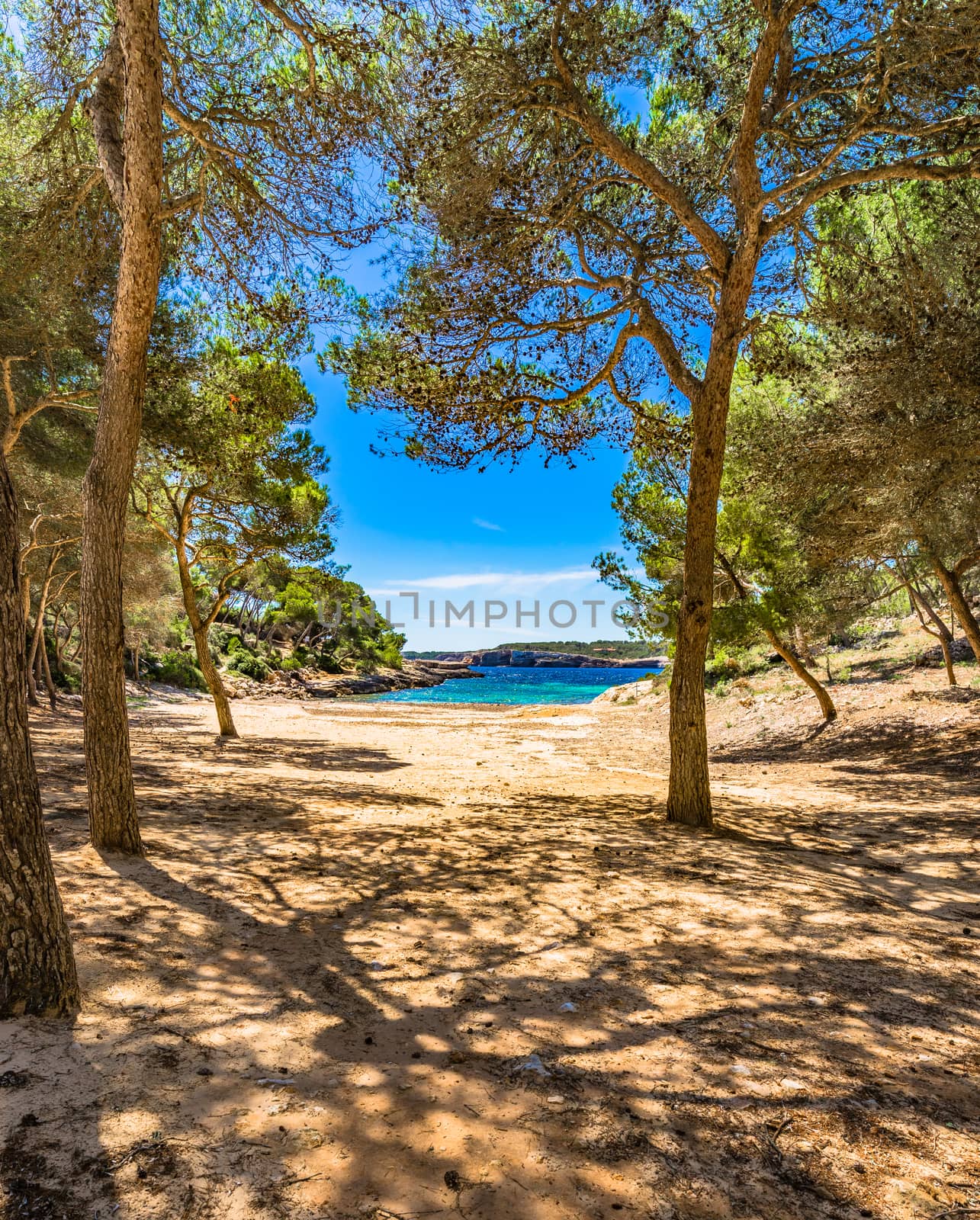 Beautiful view of the idyllic bay Calo de sa Barca Trencada, beach on Mallorca island, Spain Mediterranean Sea