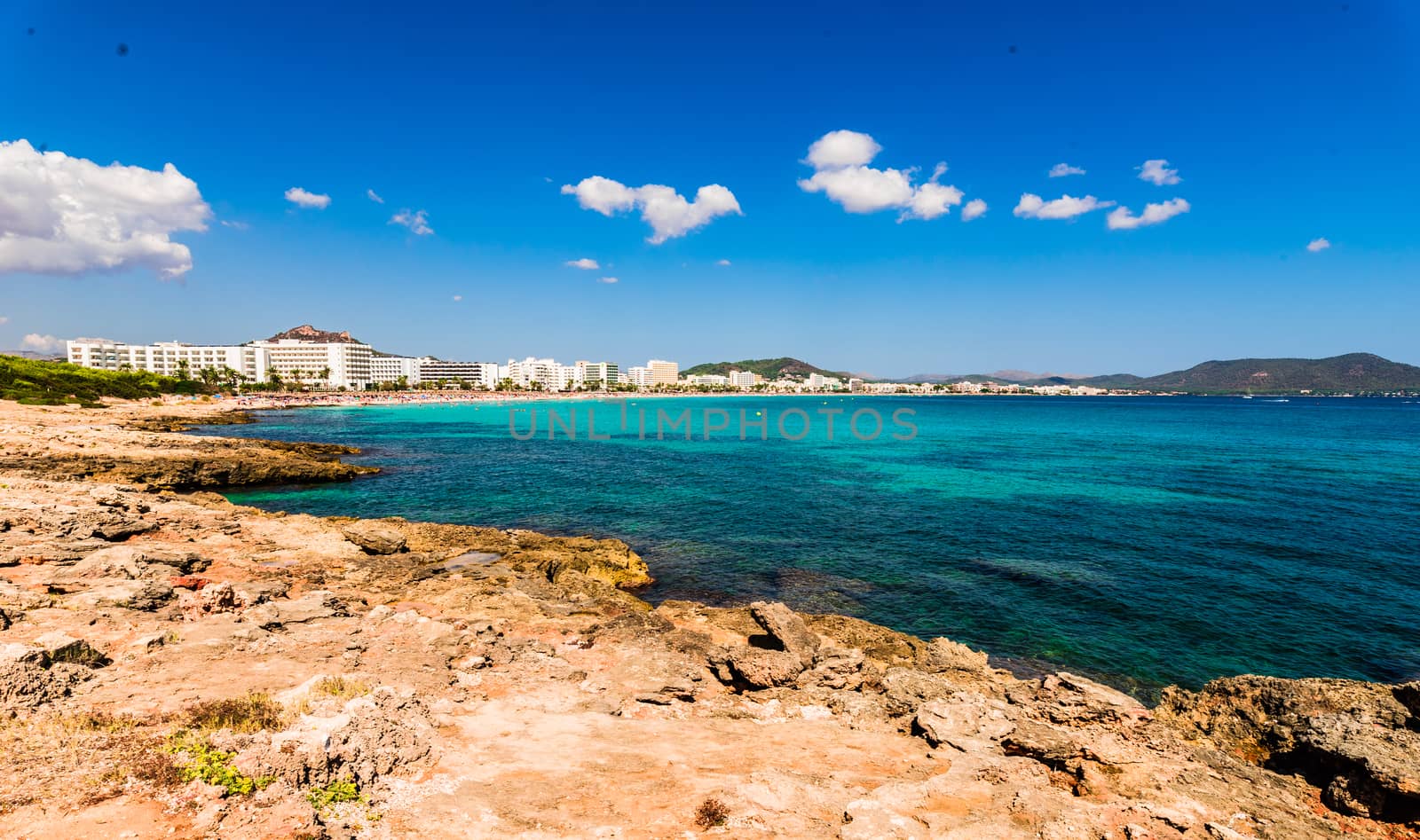 Seaside of Cala Millor beach on Mallorca island, Spain Mediterranean Sea