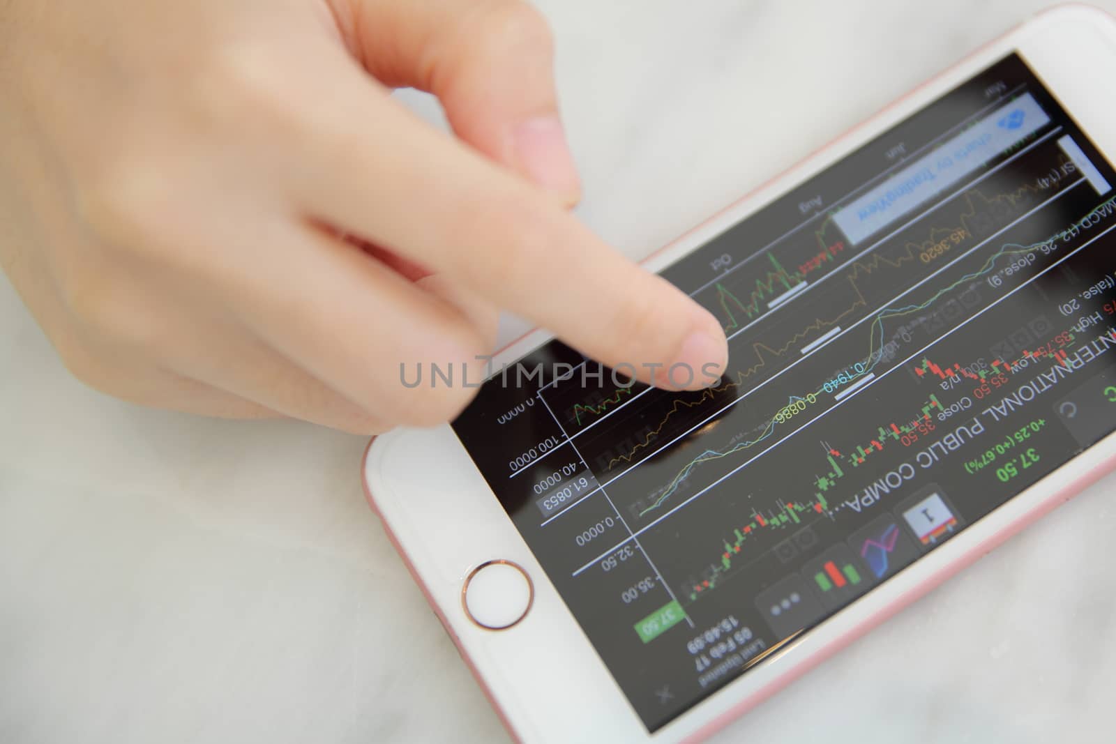 trading online on smartphone with bussiness woman hand