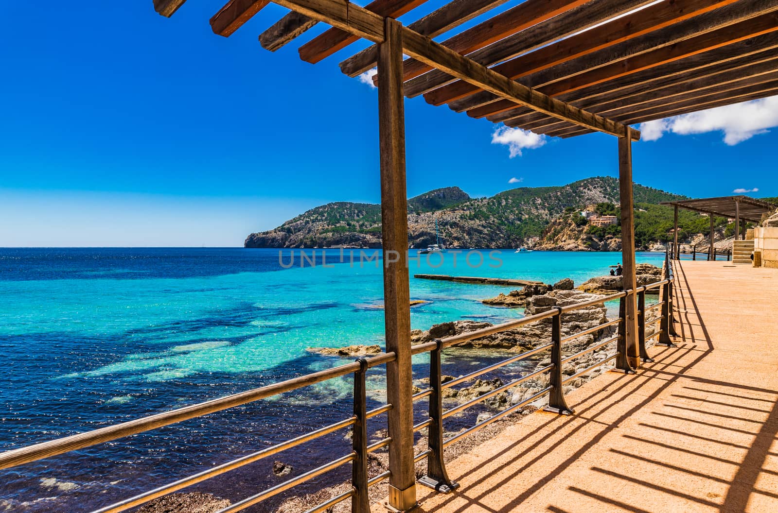 Idyllic seascape view of the beautiful bay in Camp de Mar, Mallorca islands, Spain Mediterranean Sea