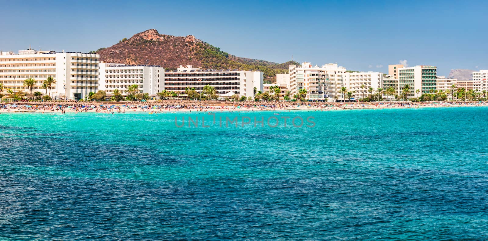 Mallorca island, seaside beach of touristic town Cala Millor, Spain Mediterranean Sea