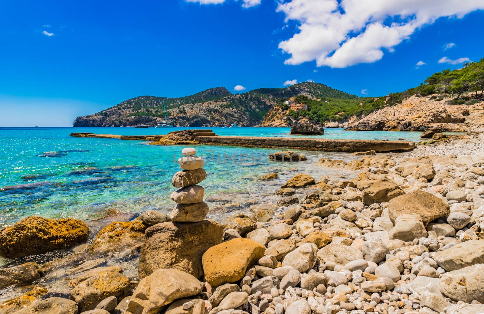 Beautiful view of the bay beach in Camp de Mar on Mallorca, Spain Balearic Islands, Mediterranean Sea