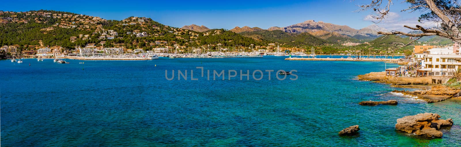 Beautiful panorama view on Mallorca island, harbor of Port de Andratx, Spain Balearic islands
