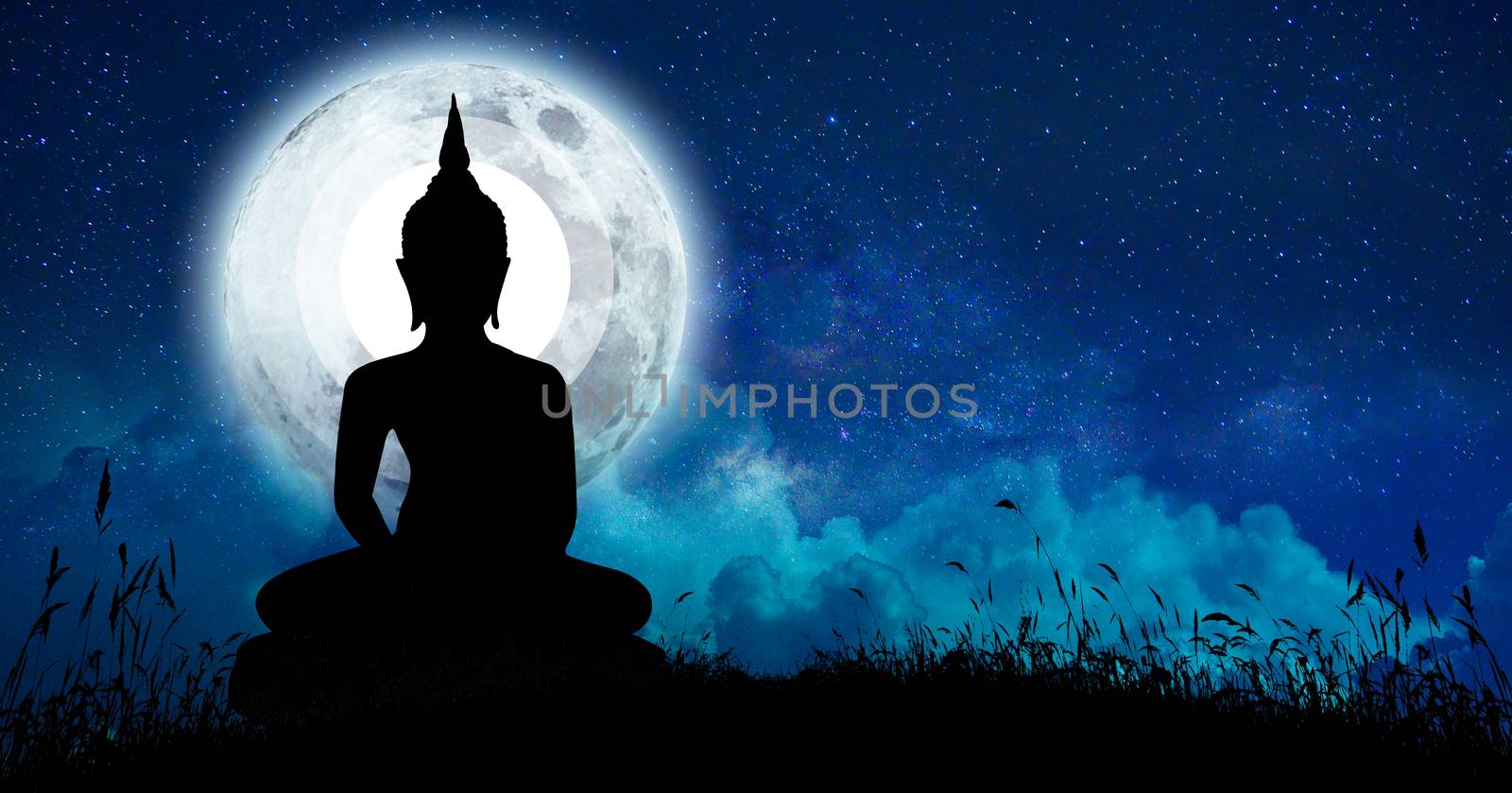 The Buddha meditated among many stars and a large moon. by sarayut_thaneerat