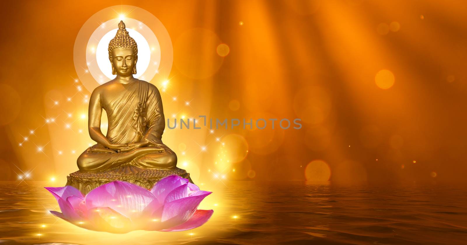 Buddha statue water lotus Buddha standing on lotus flower on orange background by sarayut_thaneerat