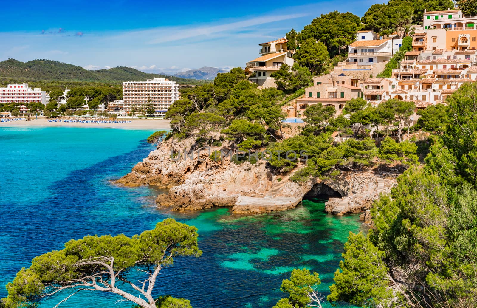 Beautiful seaside on Majorca island, idyllic bay of Canyamel beach, Spain Mediterranean Sea
