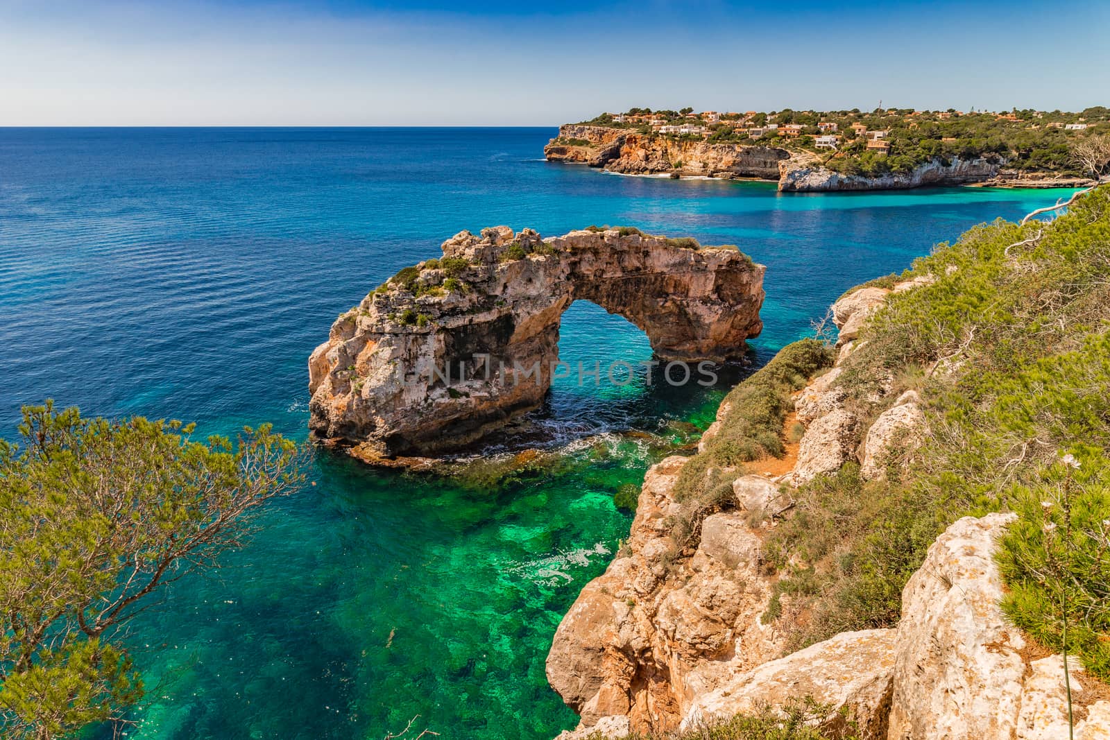 Beautiful view of the natural landmark Es Pontas, rock arch on Mallorca island, Spain