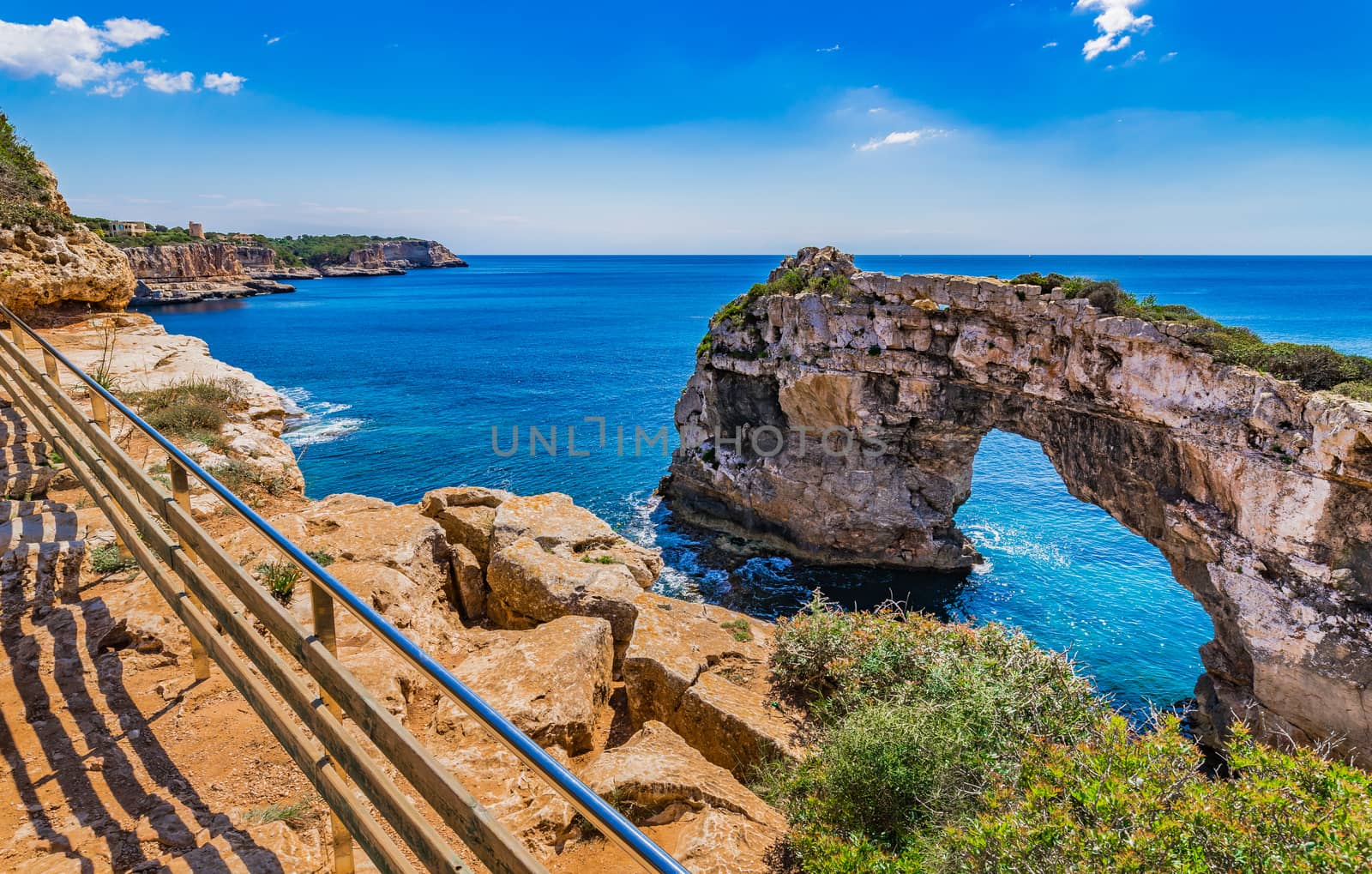 Idyllic view of the natural landmark, Es Pontas, natural rock arch on Mallorca island, Spain