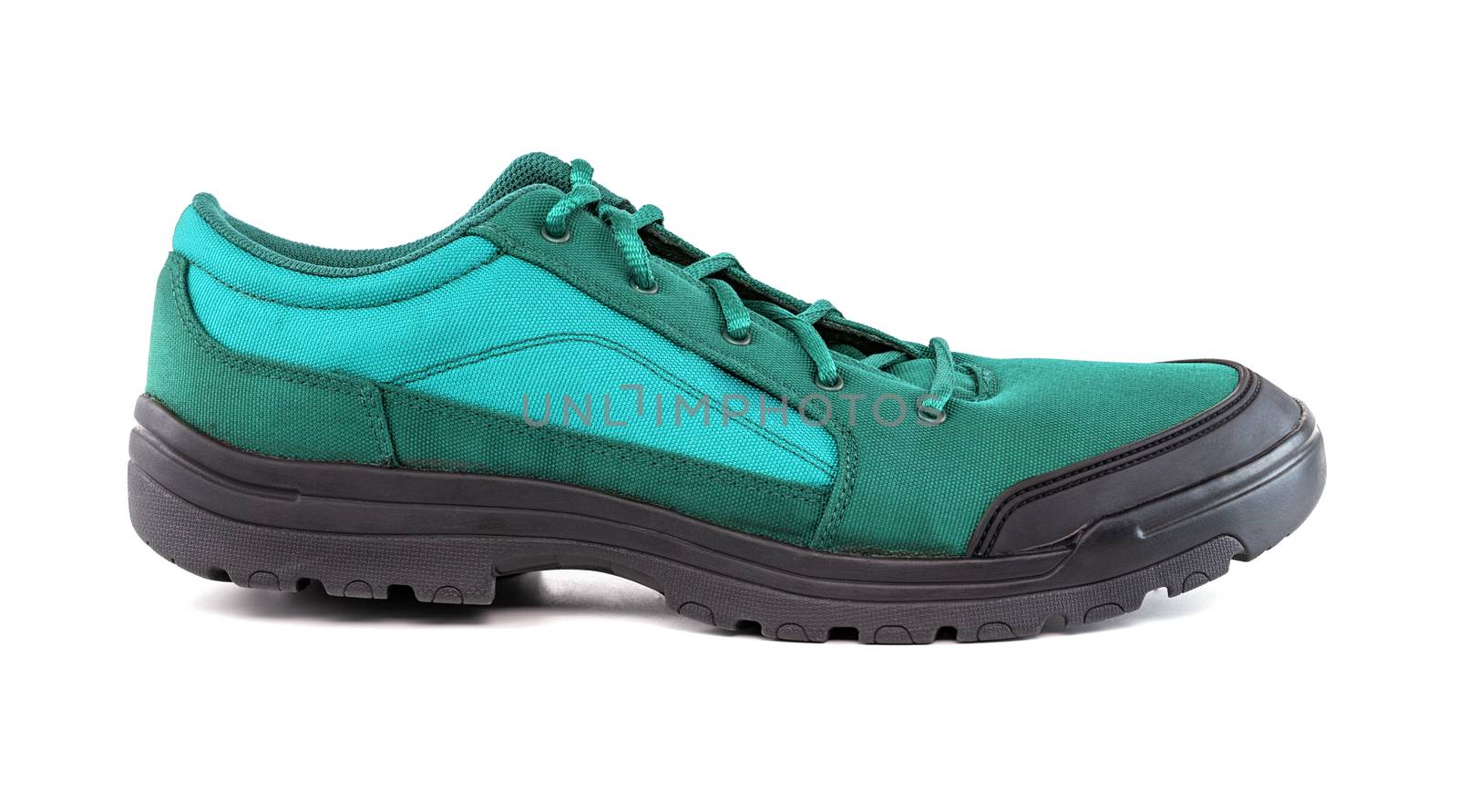 right cheap aqua mint turquoise green hiking or hunting shoe isolated on white background - side view.