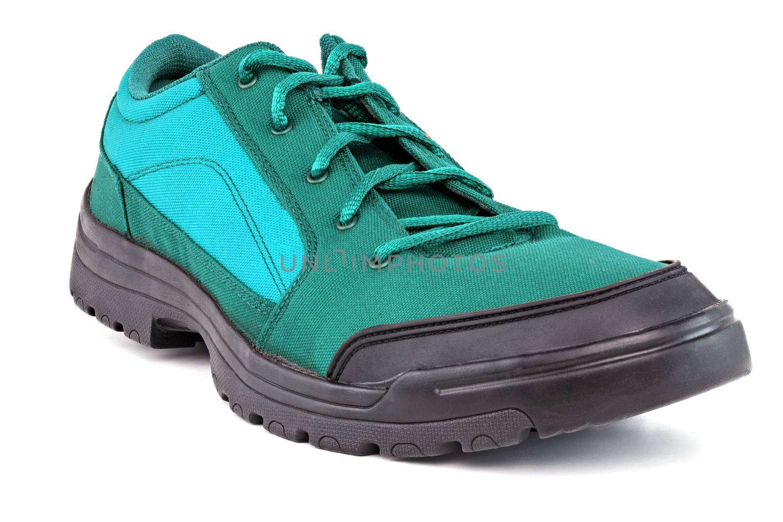 right cheap aqua mint turquoise green hiking or hunting shoe isolated on white background - perspective close-up view.