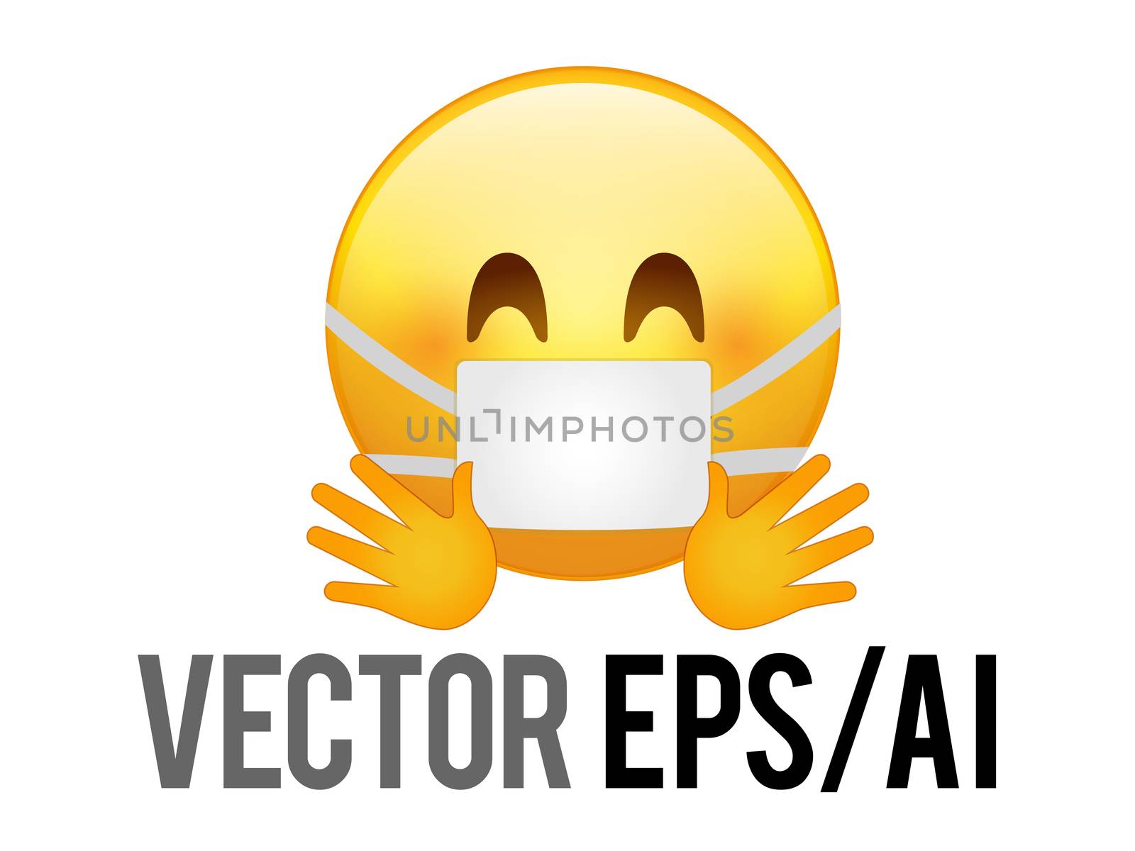 Vector yellow happy smiley face icon, hugging hands and mask by cougarsan