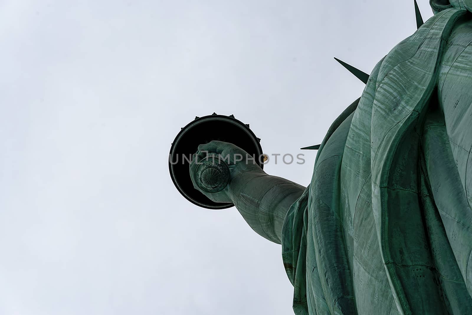 USA, New York - May 2019: Statue of Liberty, Liberty Island, torch from below