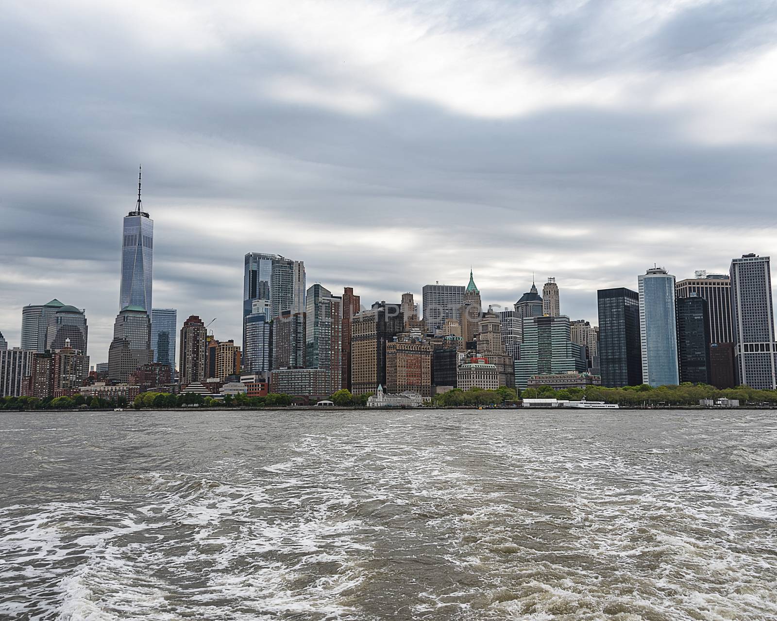 USA, New York - May 2019:  Leaving Manhattan, NYC by ferry