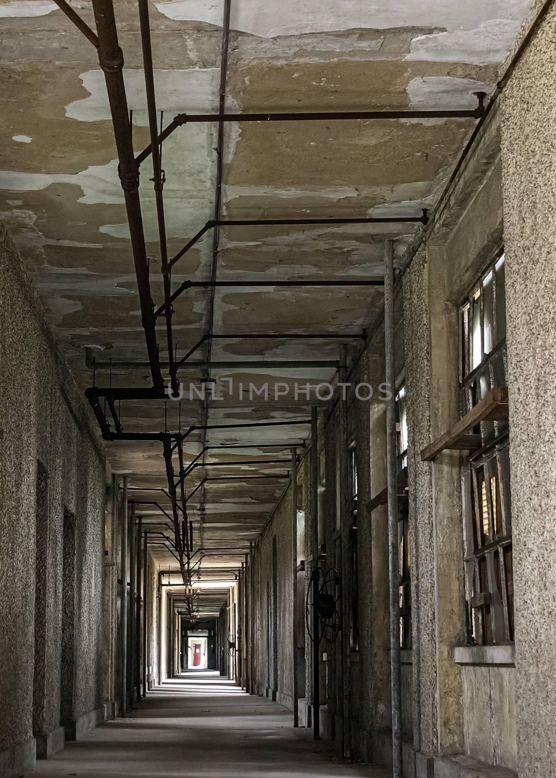 USA, New York, Ellis Island - May 2019: decayed corridor in an abandoned hospital