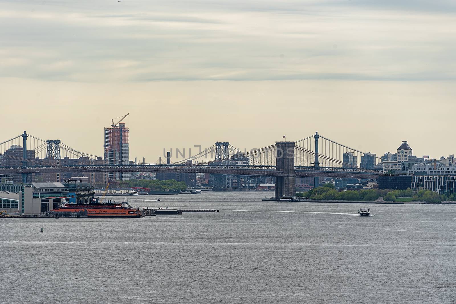 USA, New York, Staten Island - May 2019: View of New York and the Brooklyn and Manhattan bridges
