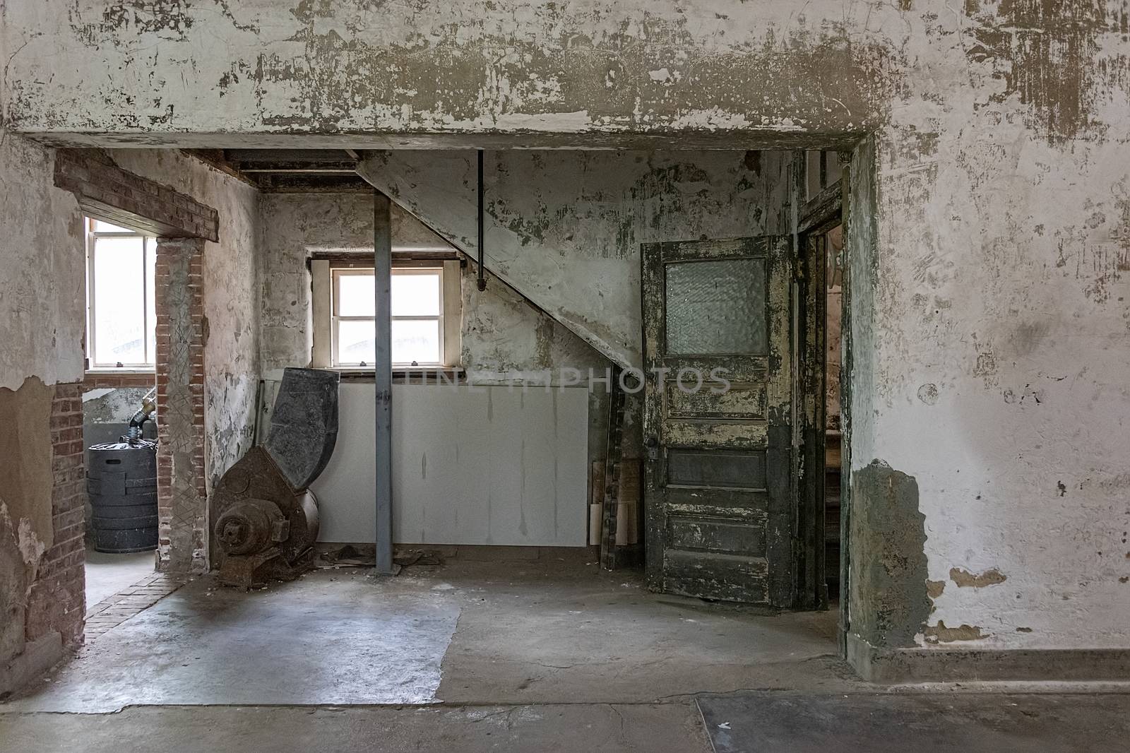 USA, New York, Ellis Island - May 2019: Laundry in state of arrested deterioration, works courtesy of 'Save Ellis Island'