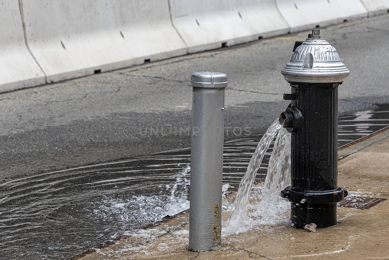 USA, New York - May 2019: Black fire hydrant discharging on the streets of New York