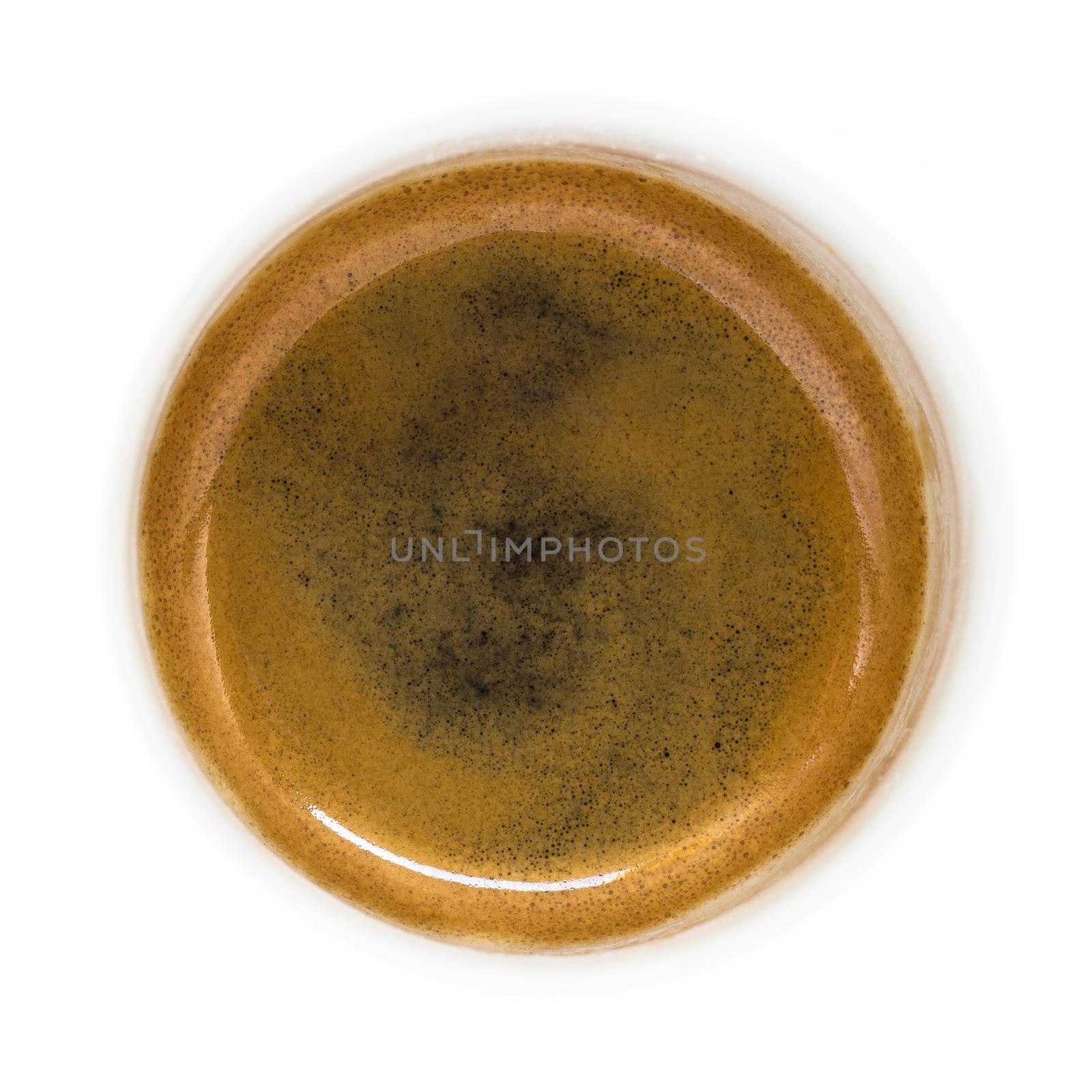 Fresh espresso on white background, view from above.