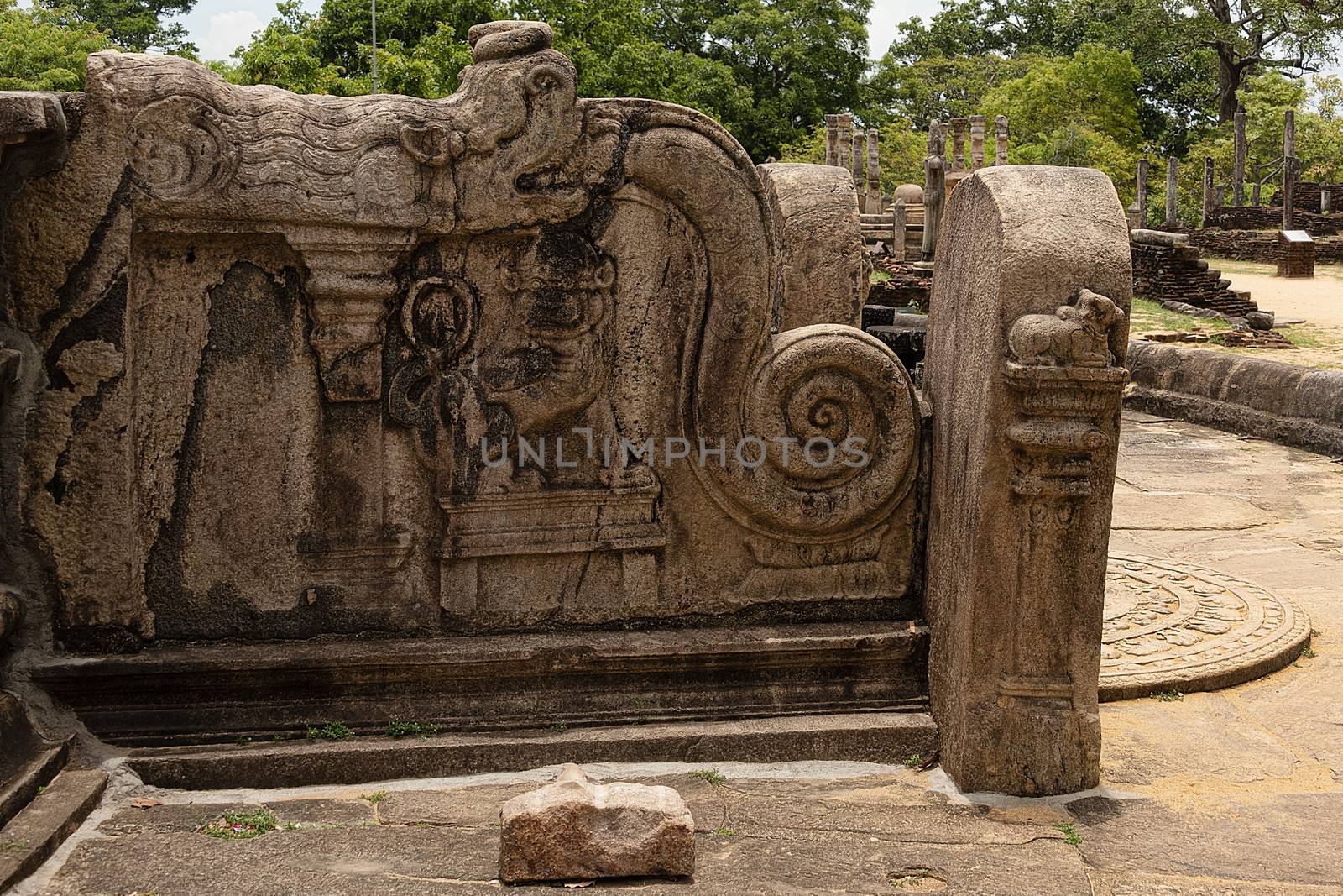 Polonnaruwa, Sri lanka, Sept 2015: Carvings of gods flank the staircases inthe ruins at Polonuwara