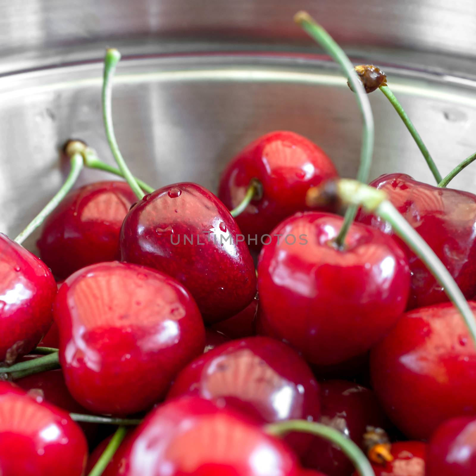 Close up of red cherries with drops for background