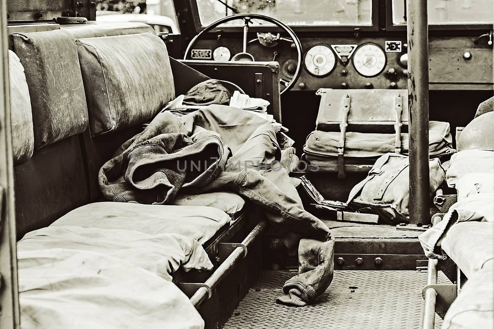 Interior of vintage wartime troop carrier - B&W by mrs_vision