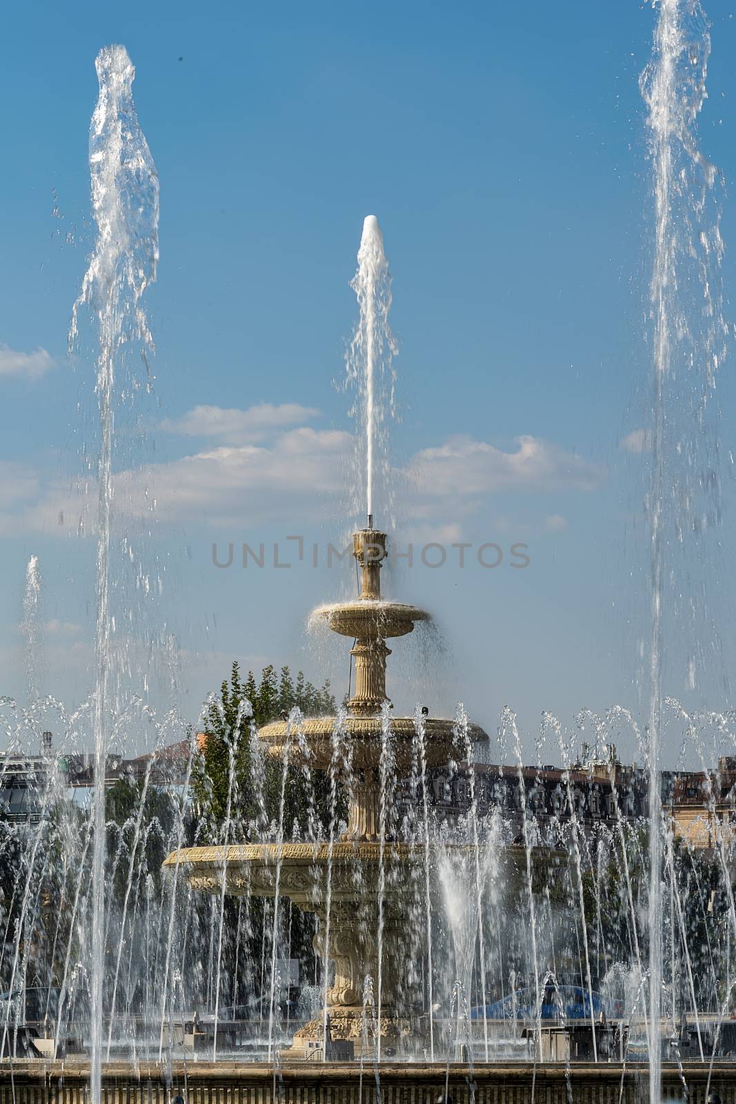 Bucharest, Romania-  Aug, 2019: Water jets and fountains